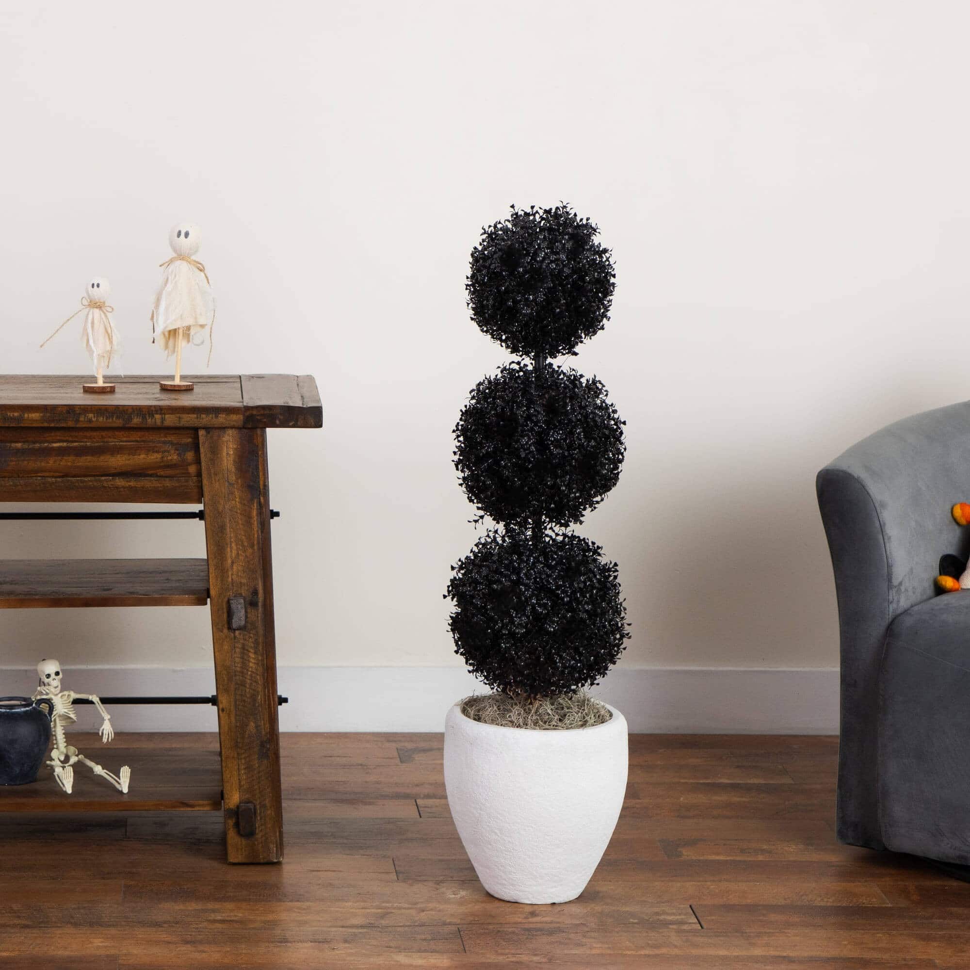 3ft. UV Resistant Artificial Halloween Black Triple Ball Boxwood Topiary (Indoor/Outdoor)