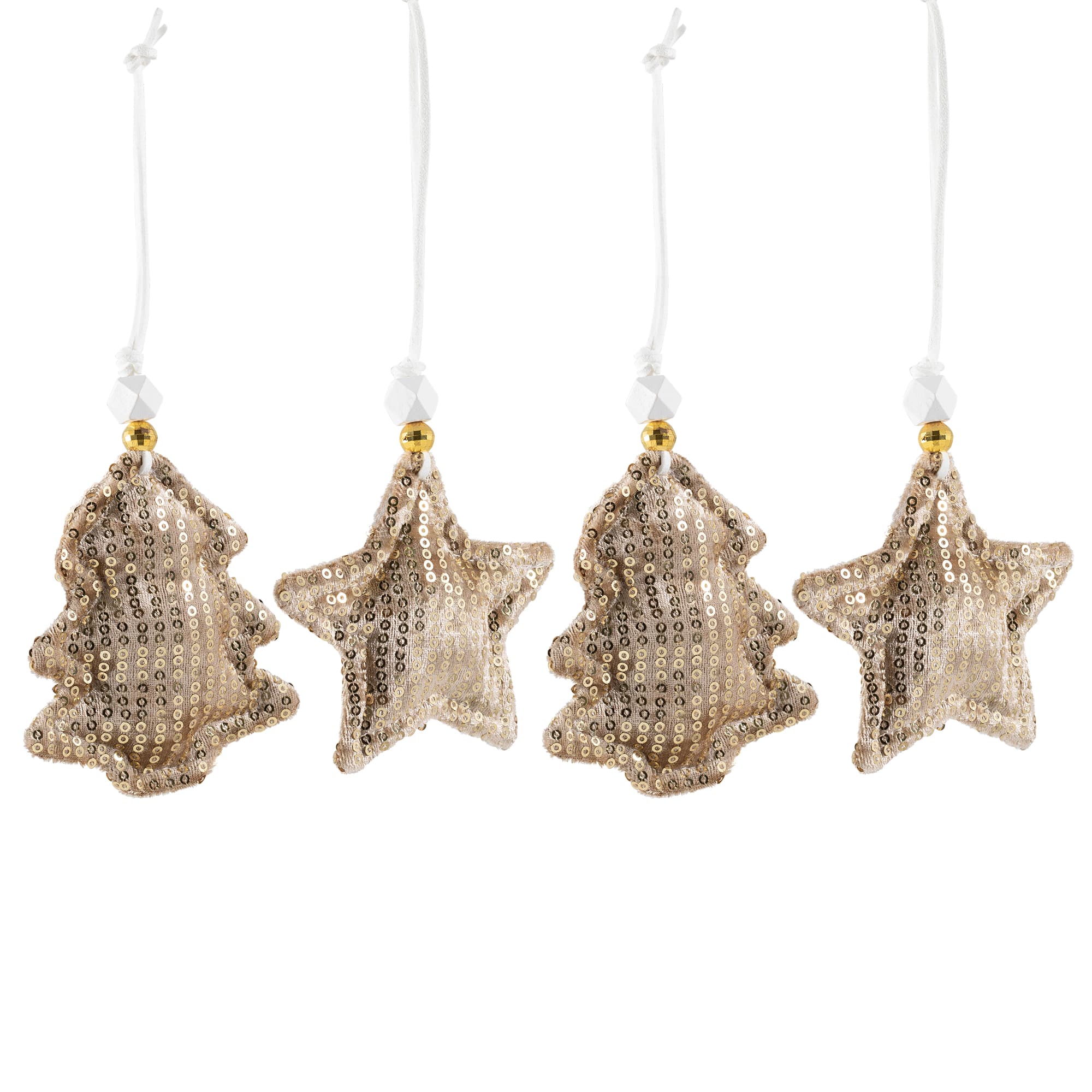 Sequin Stars and Trees Plush Christmas Ornaments - 4" - Gold - Set of 4