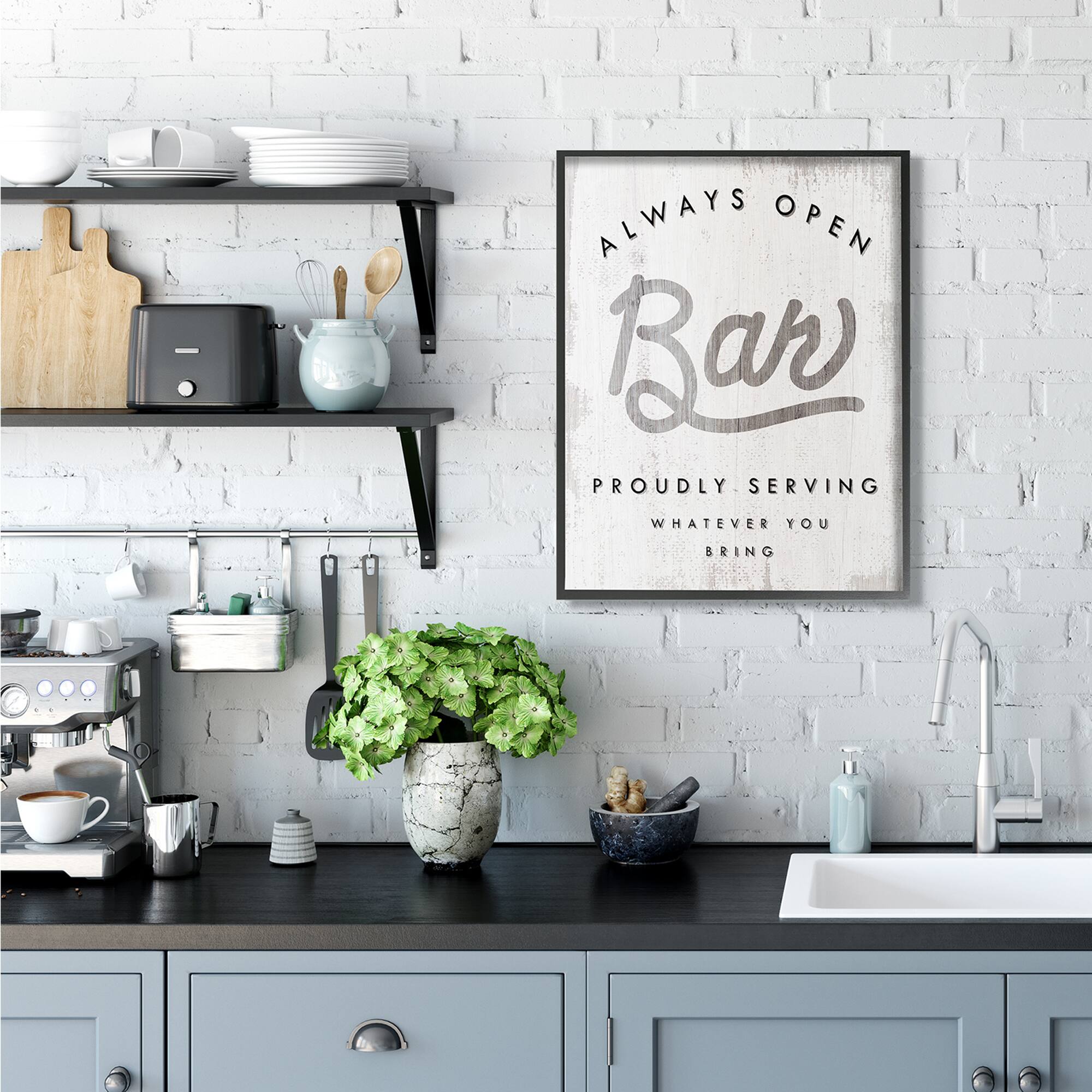 Stupell Industries Always Open Bar Wall Art in Black Frame