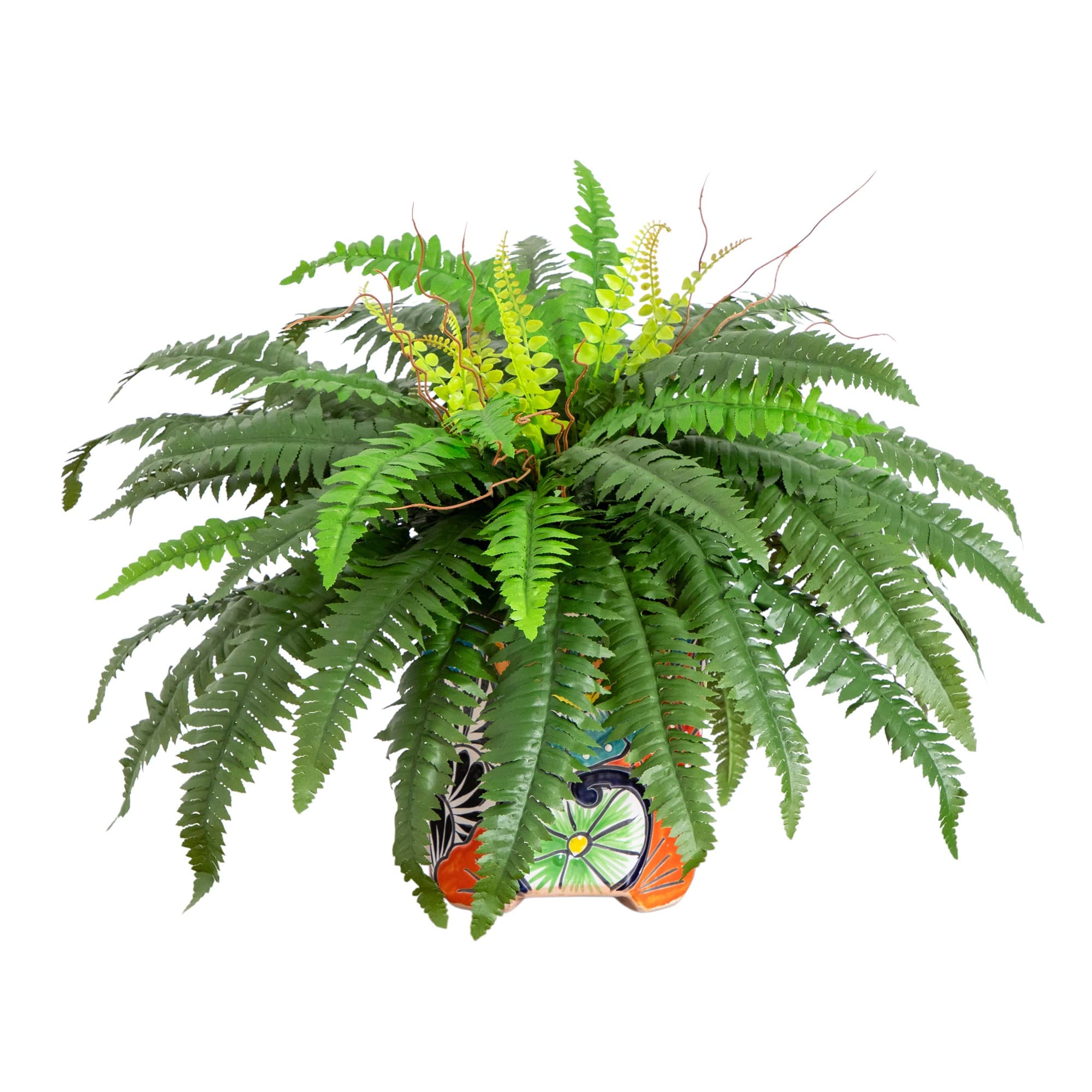 21" Artificial Boston Fern in Handmade Mexican Talavera Ceramic Planter