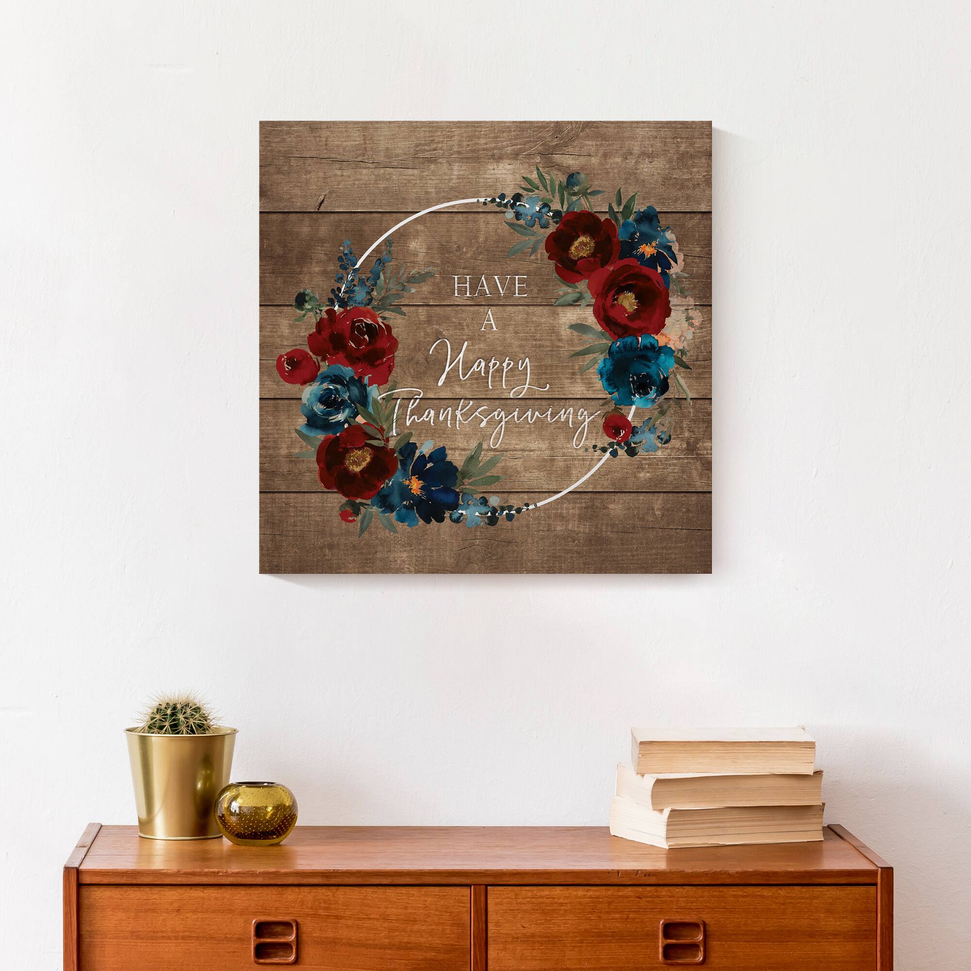 Happy Thanksgiving Floral Wreath Canvas Wall Art