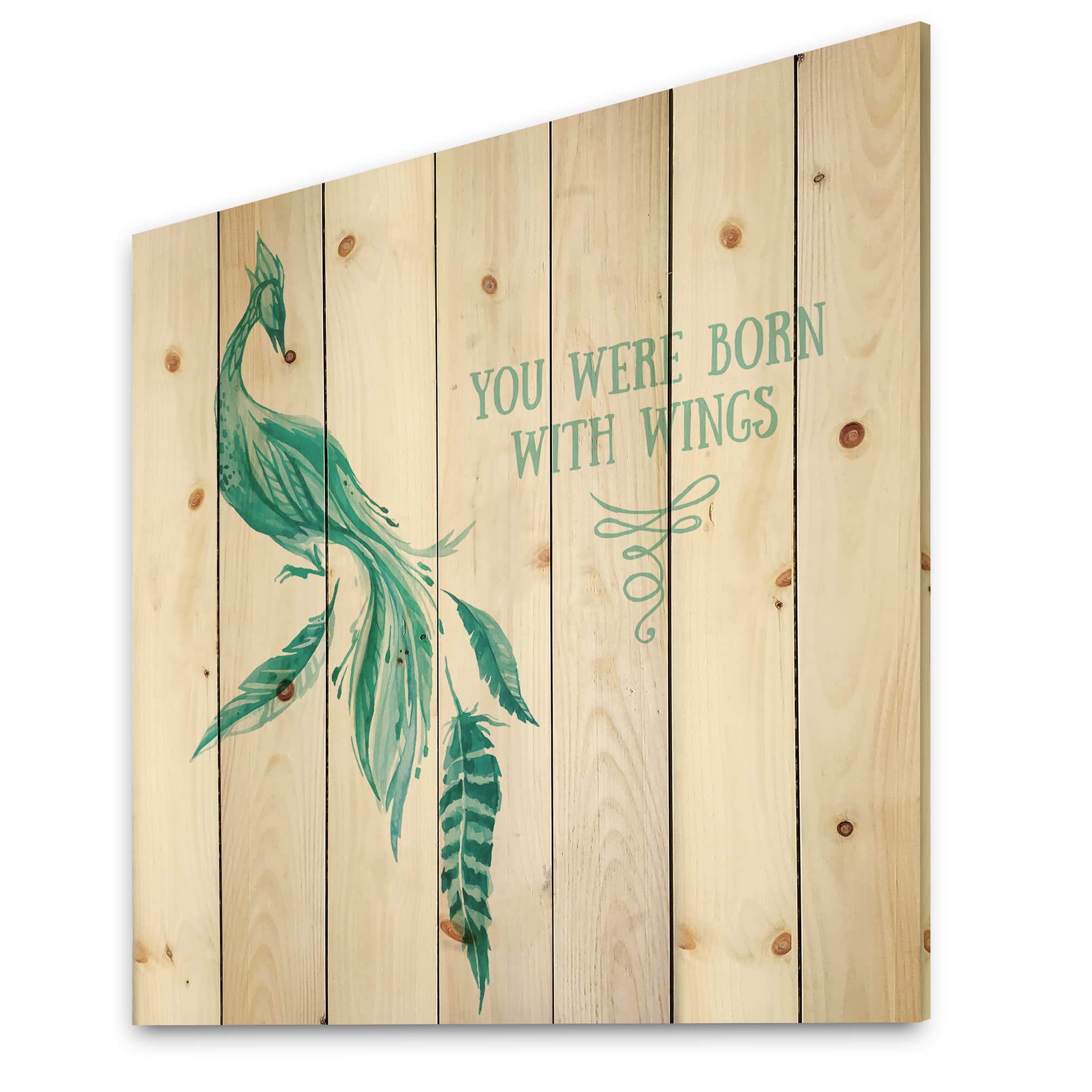 Designart - Mystic Mint Bird You Were Born With Wings - Traditional Print on Natural Pine Wood