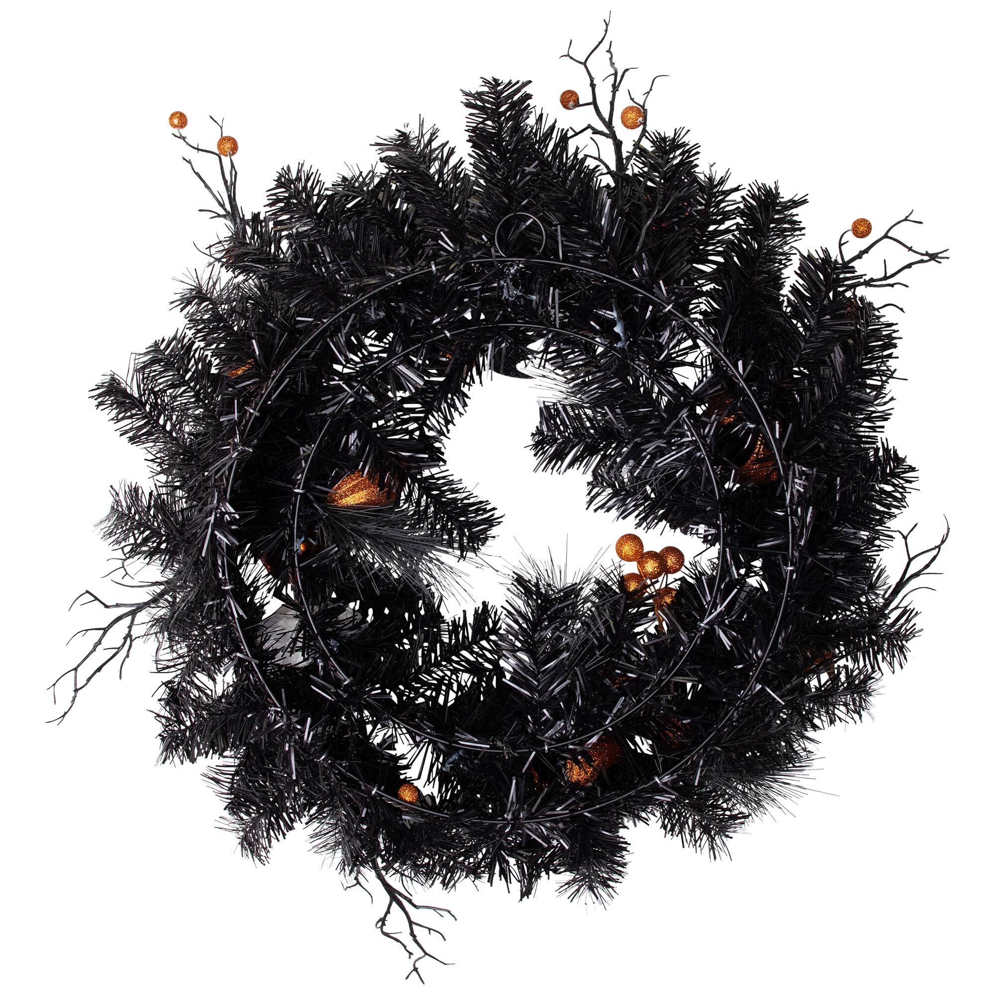 24'' Unlit Orange Ornaments and Ghost Halloween Pine Wreath