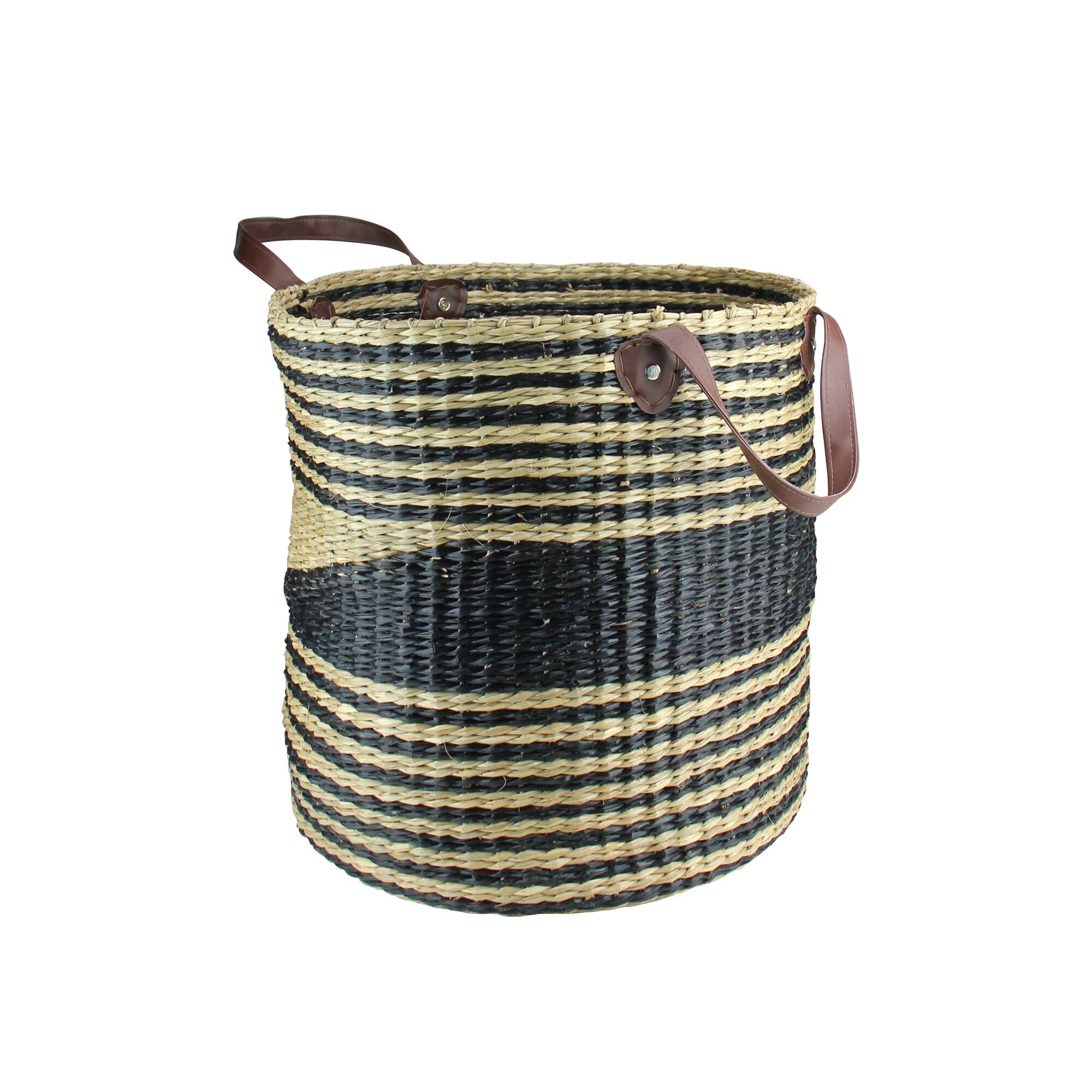 15.5&#x22; Beige &#x26; Black Woven Seagrass Basket with Handles