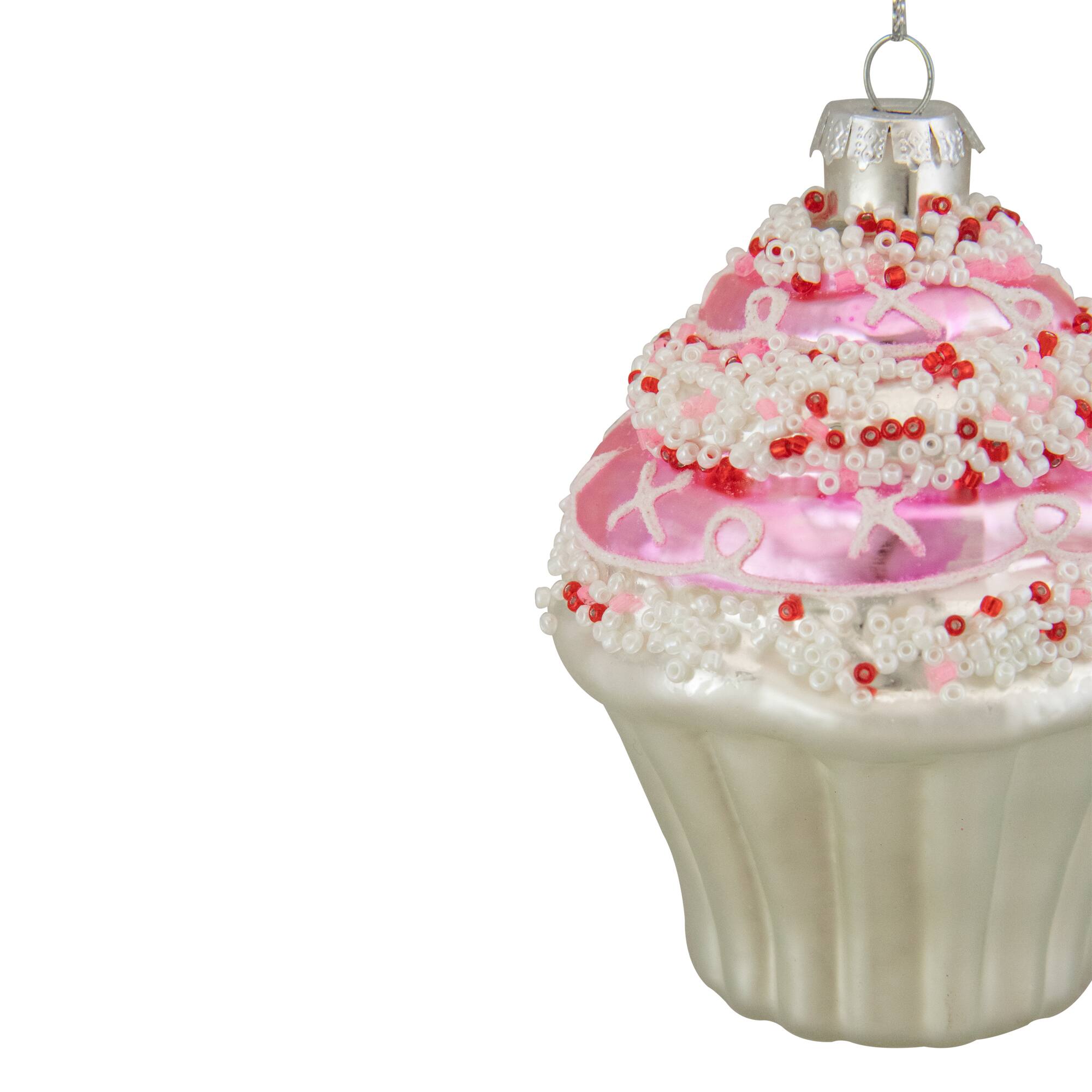 4&#x22; Pink &#x26; White Cupcake with Sprinkles Glass Ornament