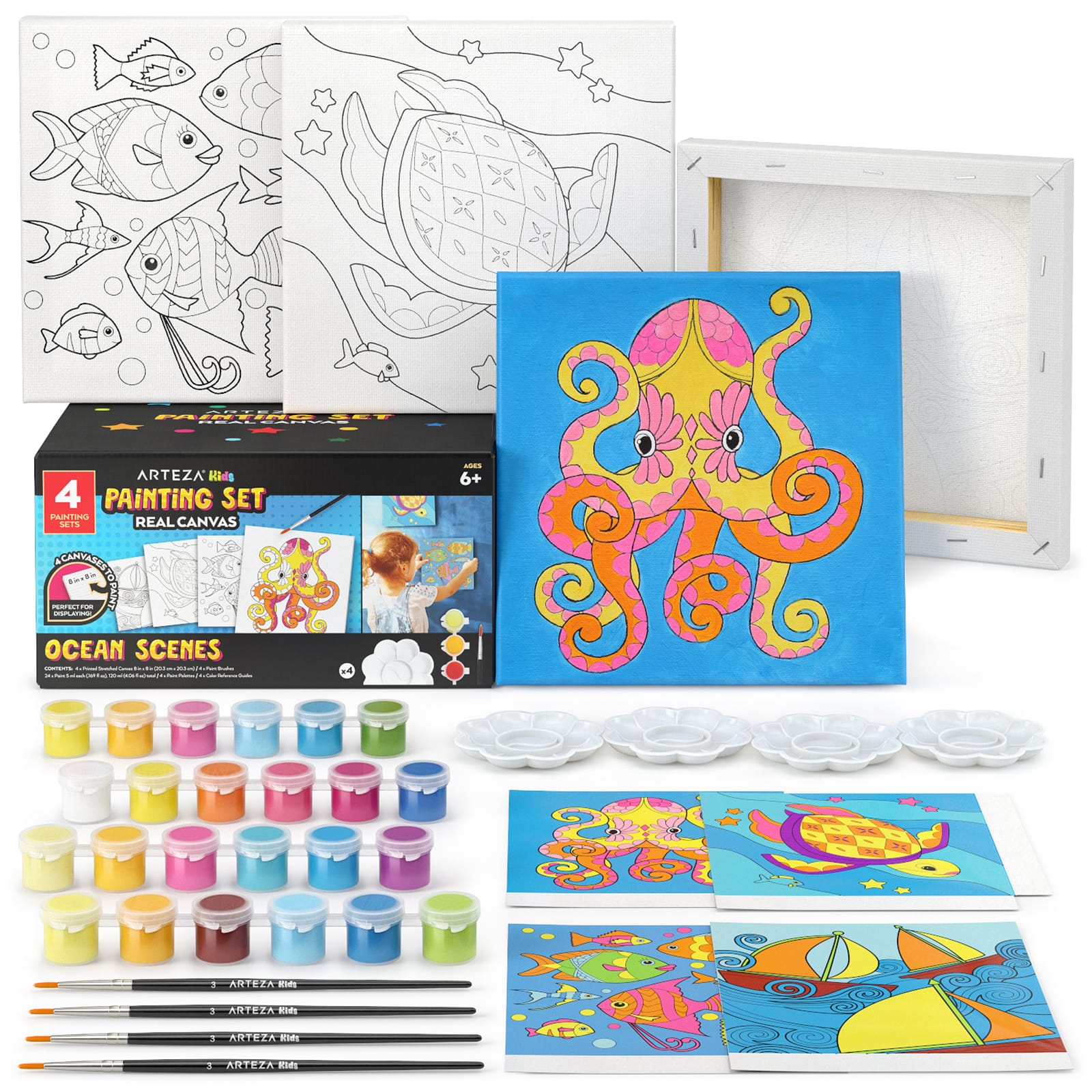 Arteza&#xAE; Kids Canvas Paint Kit, 4 8x8 Canvas with Brushes &#x26; Paints Ocean Scenes
