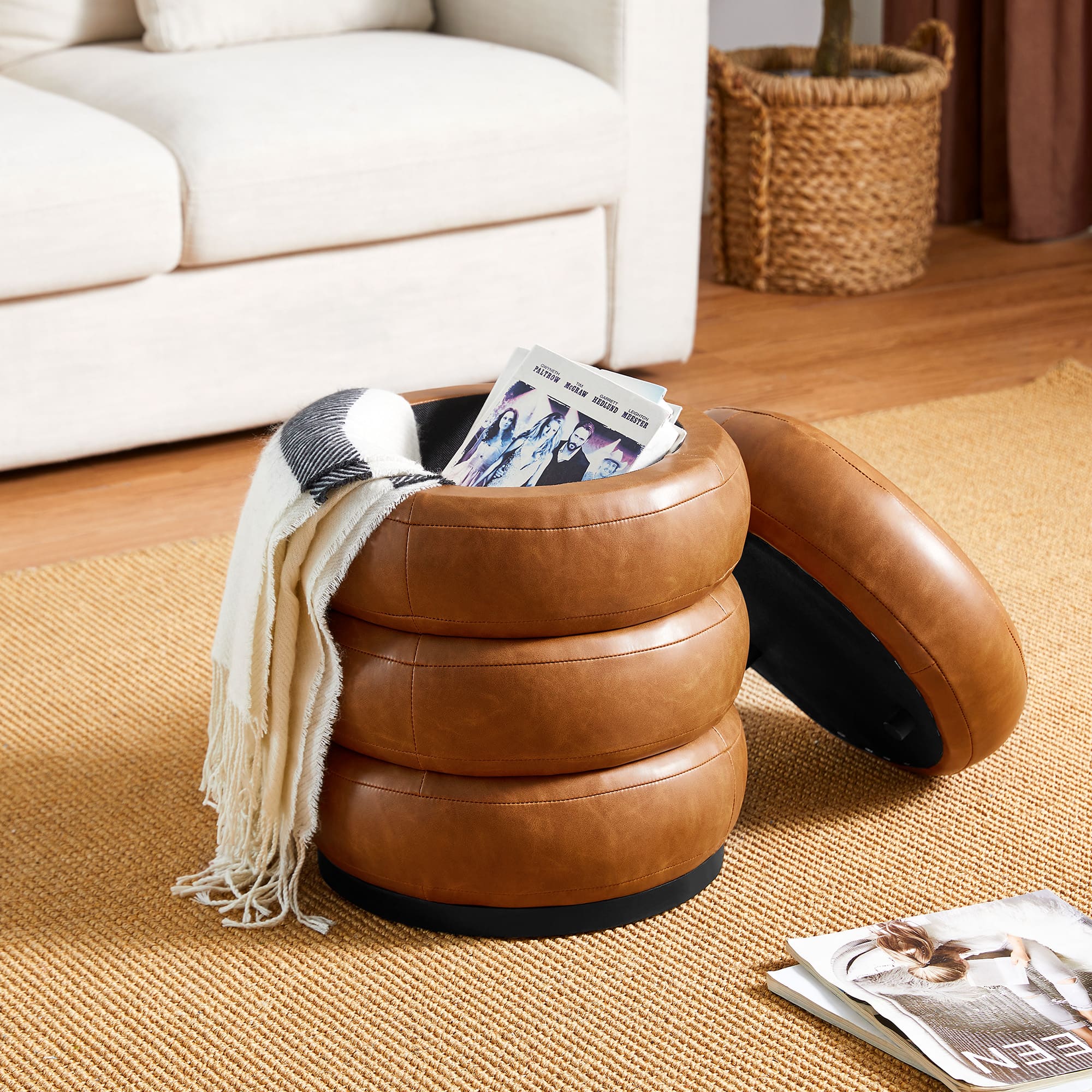 Glitzhome® 19.5" Coffee Brown Upholstered Storage Ottoman