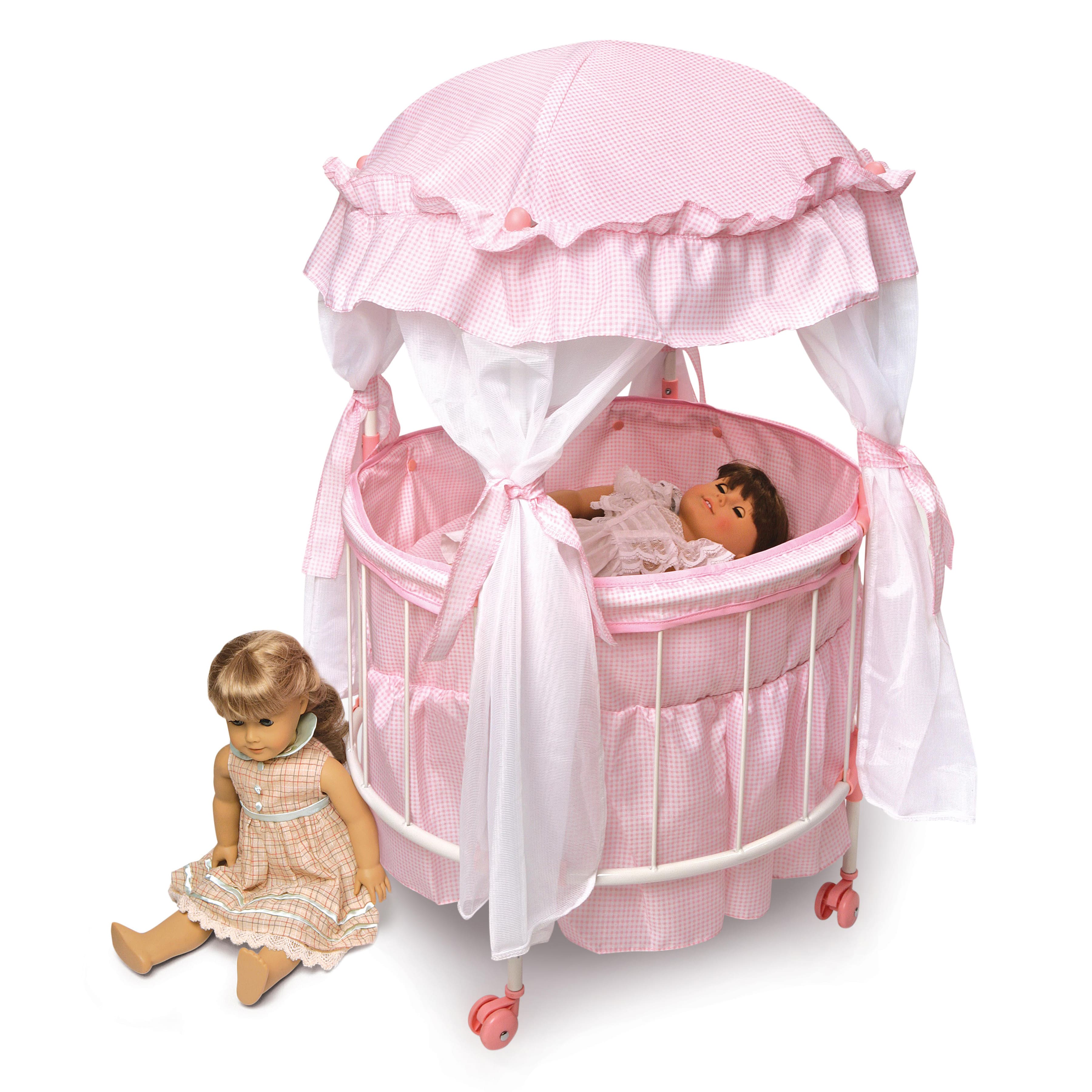 Badger Basket Pink &#x26; White Royal Pavilion Round Doll Crib with Canopy &#x26; Bedding