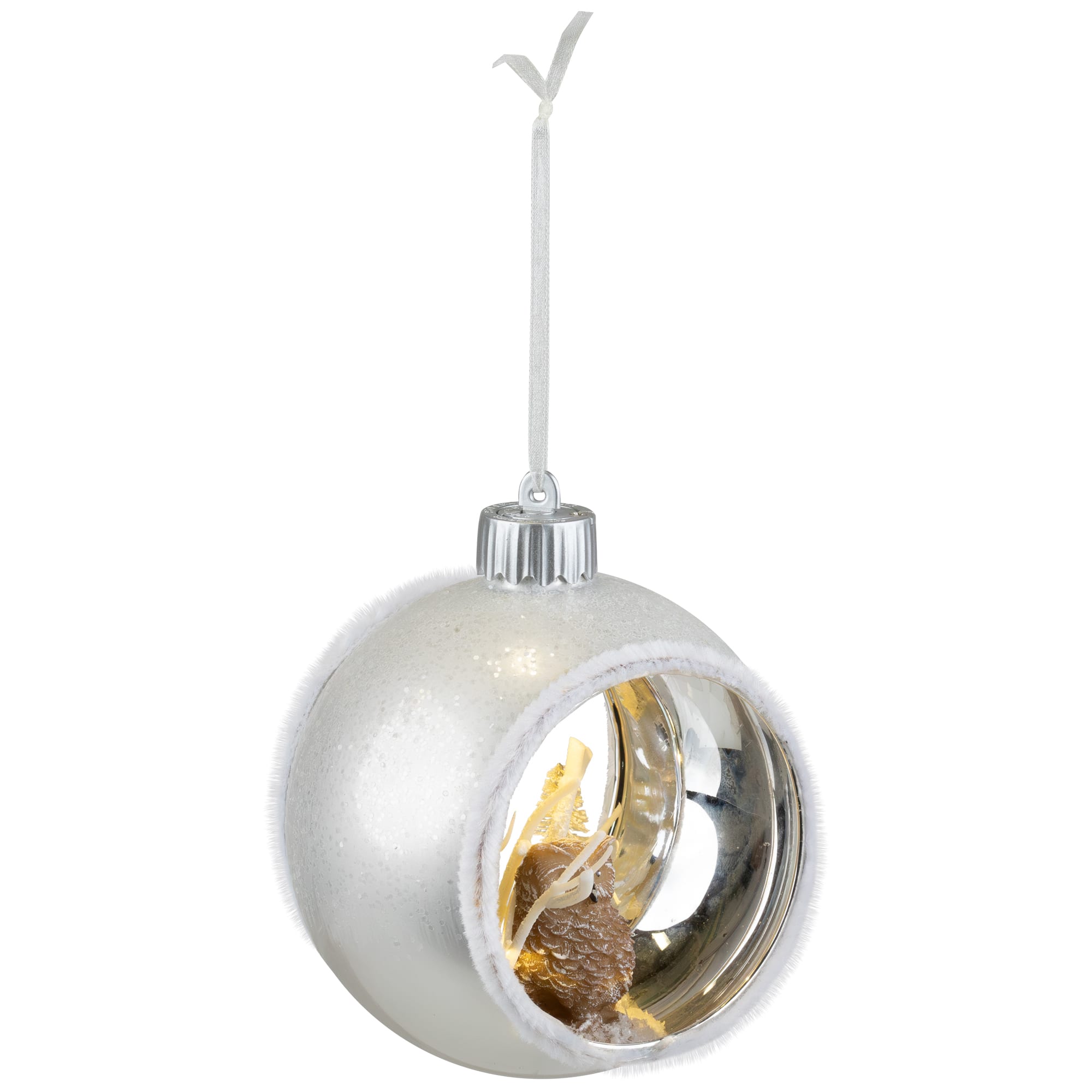 Silver And White Matte Cutout Owl Ball Ornament