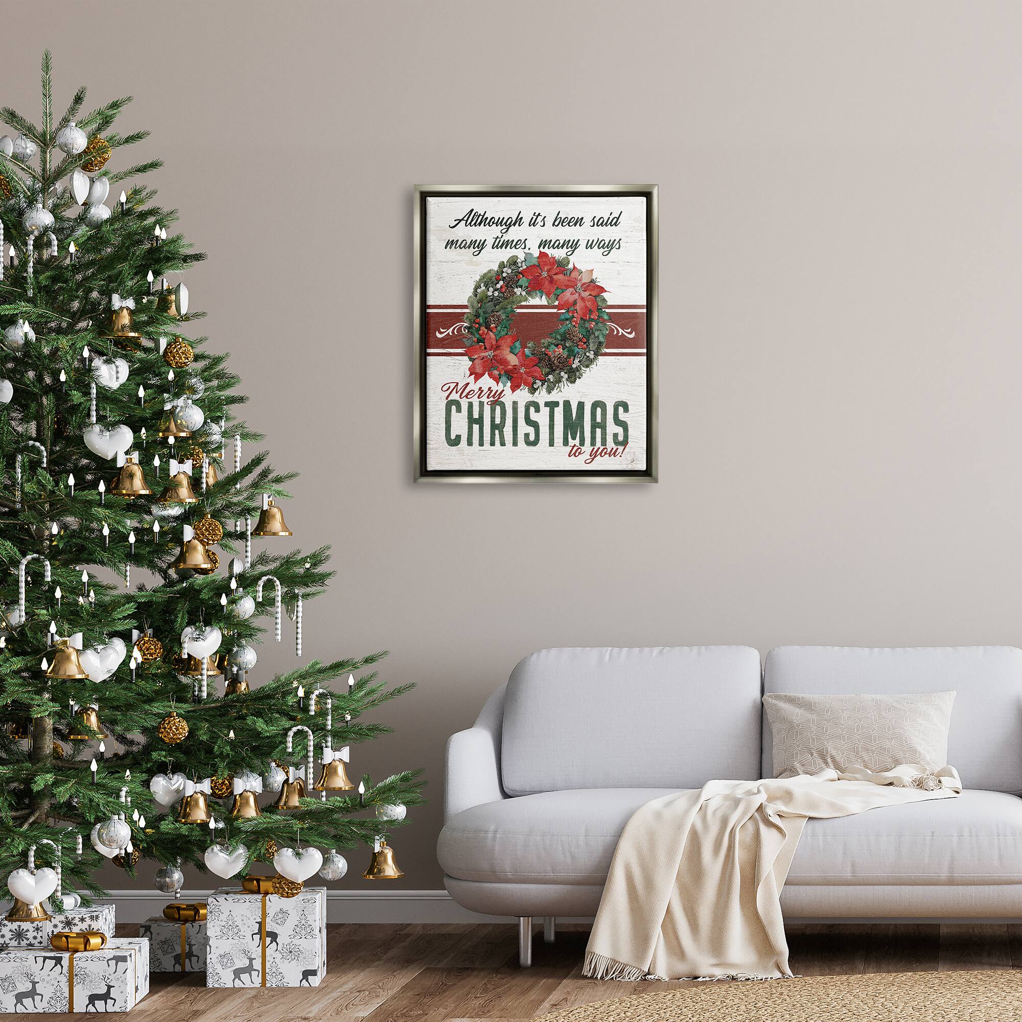 Stupell Industries Merry Christmas To You Vintage Poinsettia Framed Floater Canvas Wall Art