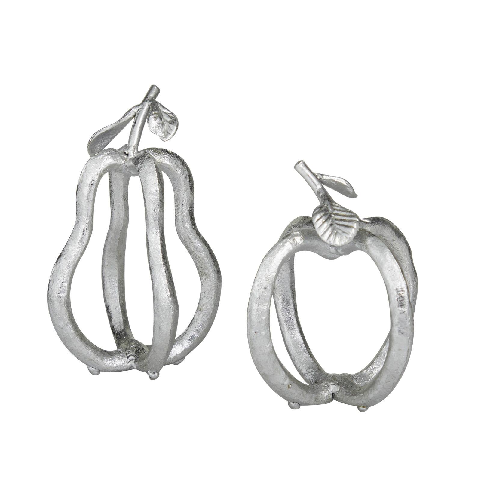 Set of 2 Silver Metal Eclectic Fruit Sculpture 8", 7"