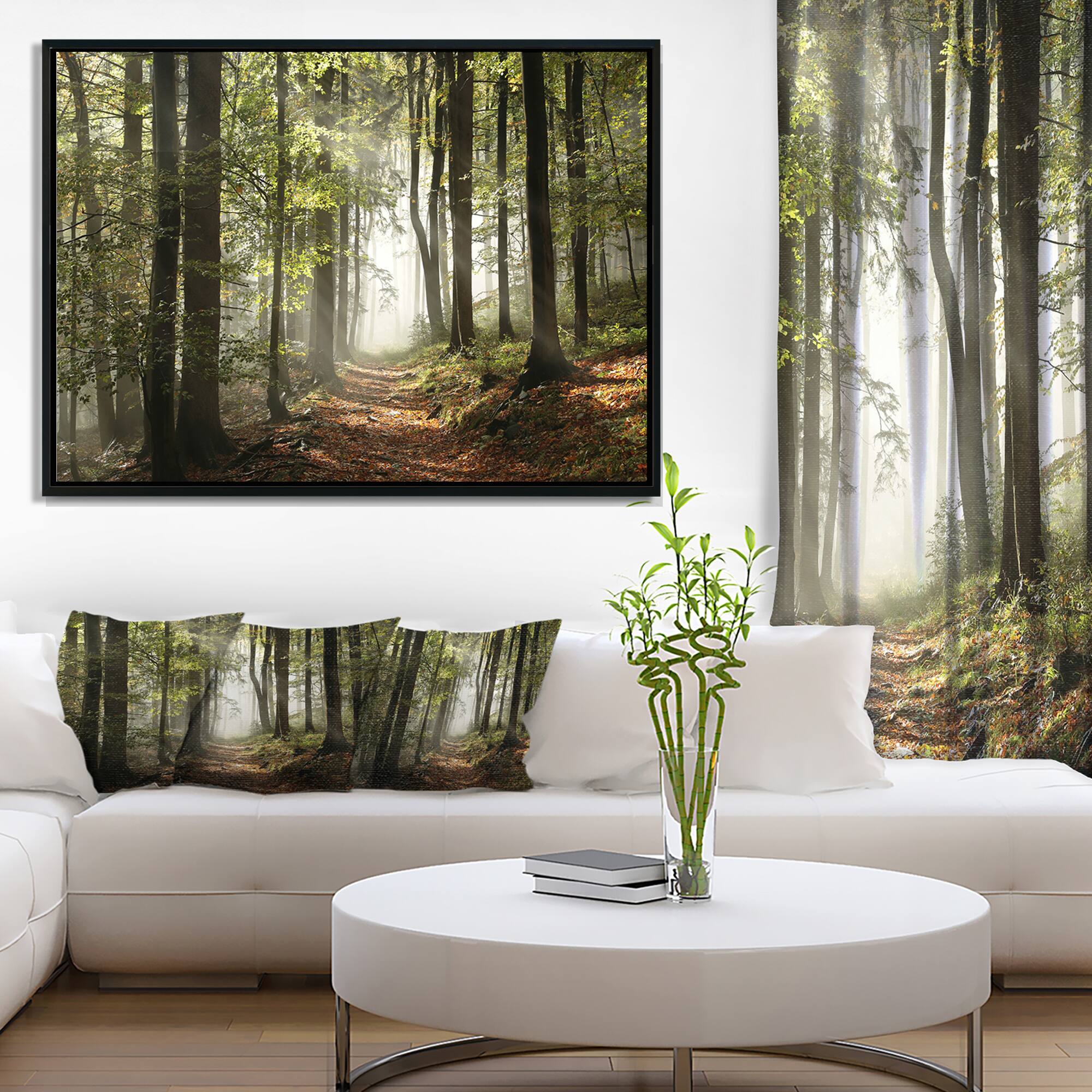 Designart - Green Fall Forest with Sun Rays - Landscape Photography Framed Canvas Print