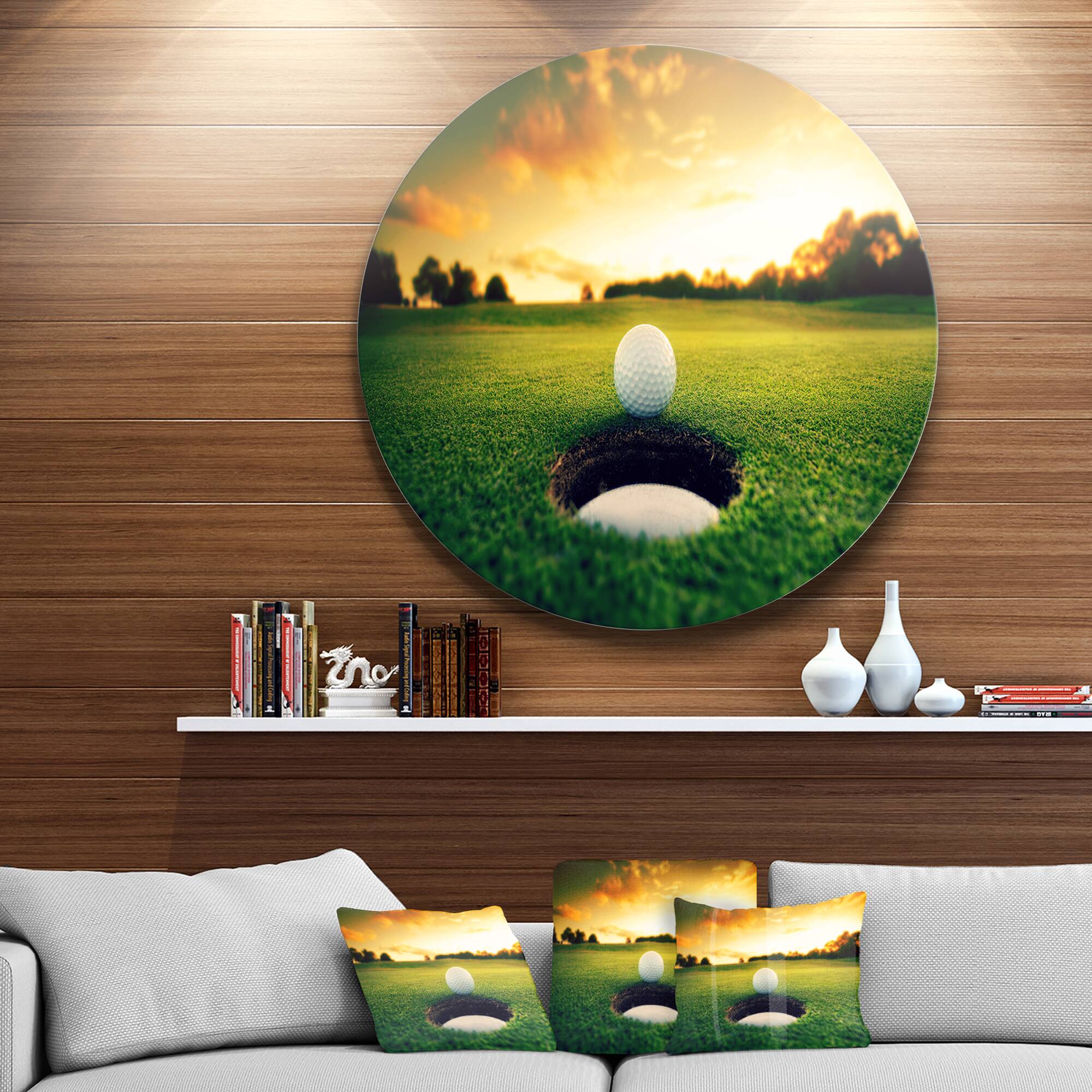 Designart - Golf Ball Near Hole' Landscape Metal Circle Wall Art
