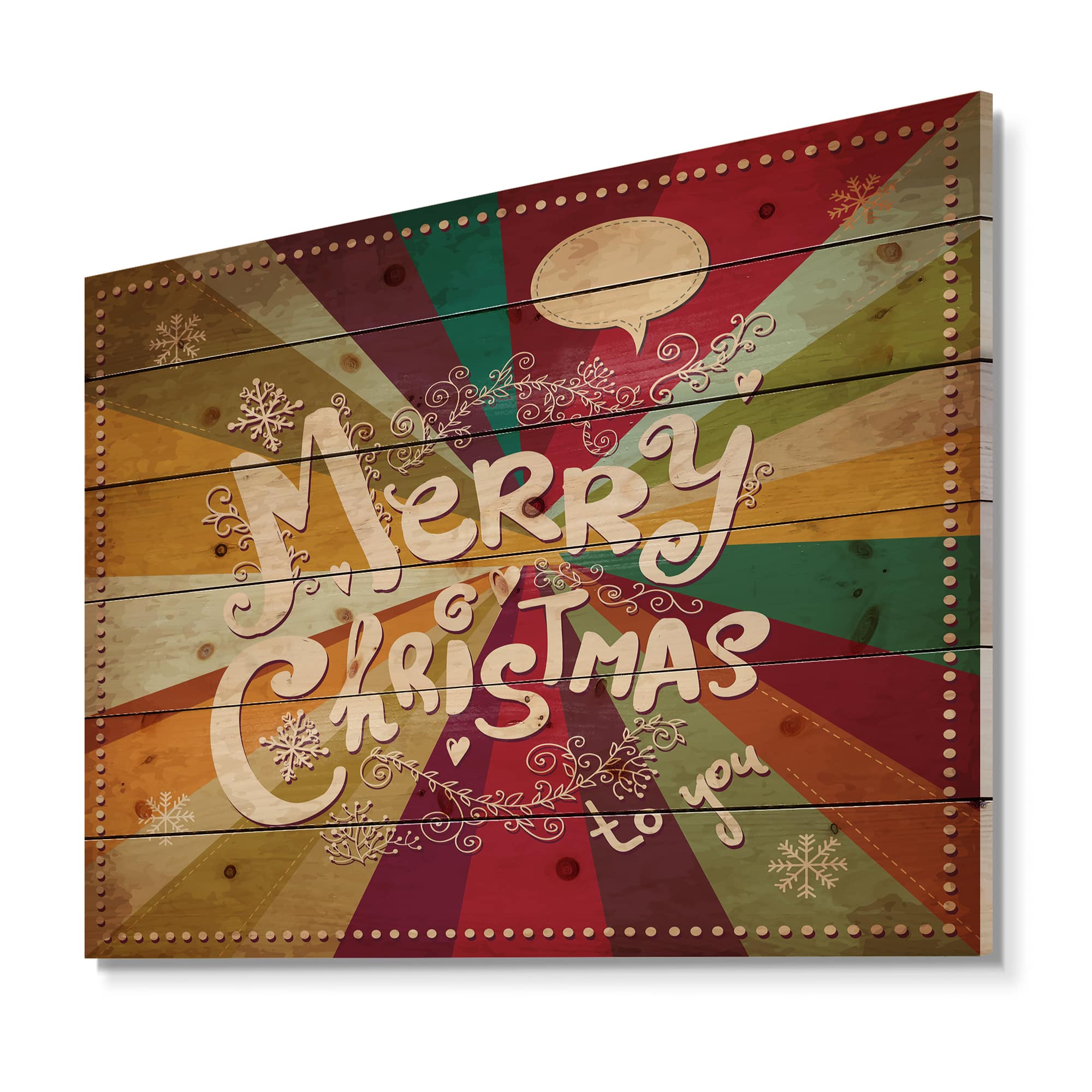 Designart Merry Christmas on Vintage Rainbow Colors Print on Natural Pine Wood