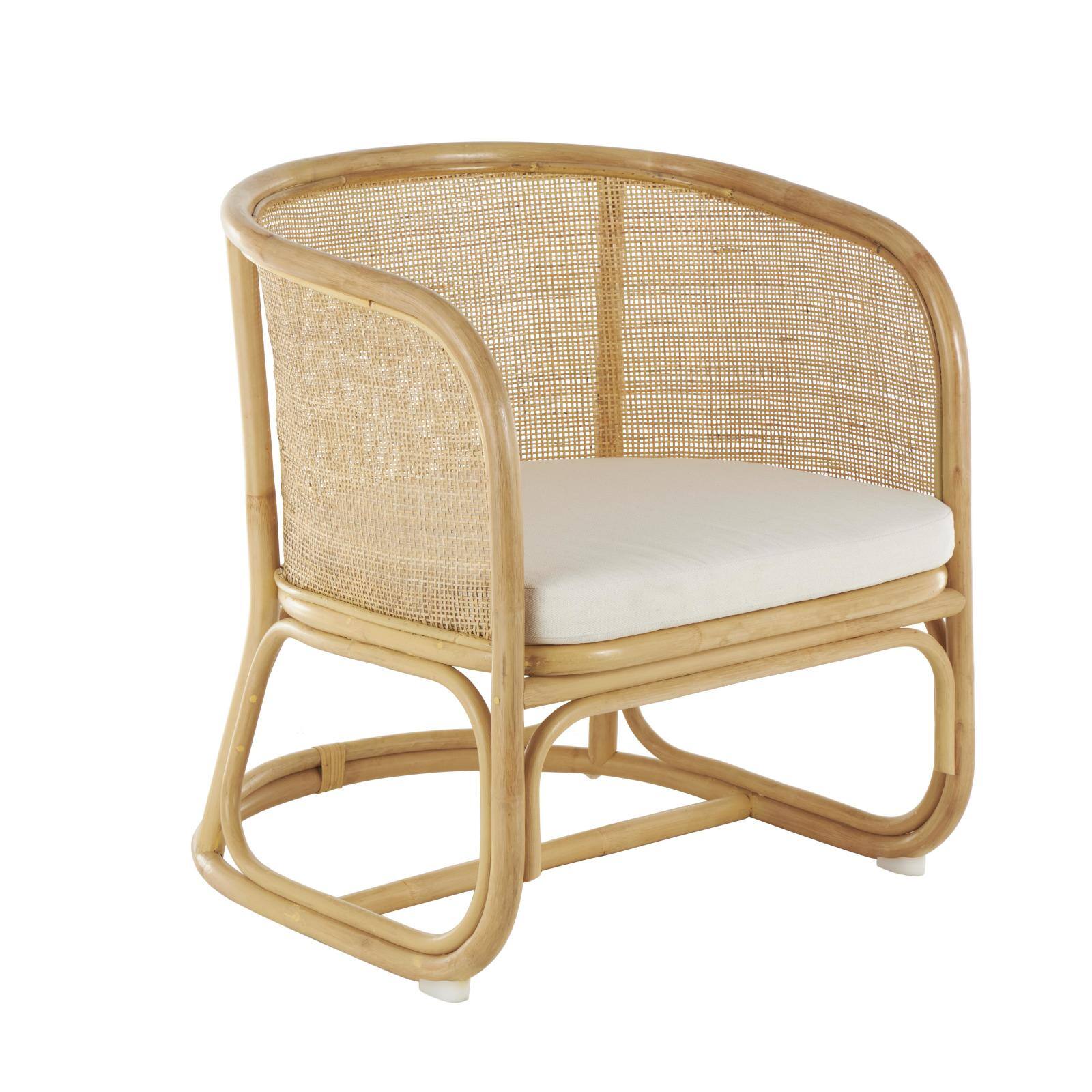 25" x 29" x 28" Light Brown Rattan Woven Rounded Accent Chair with White Fabric Cushion