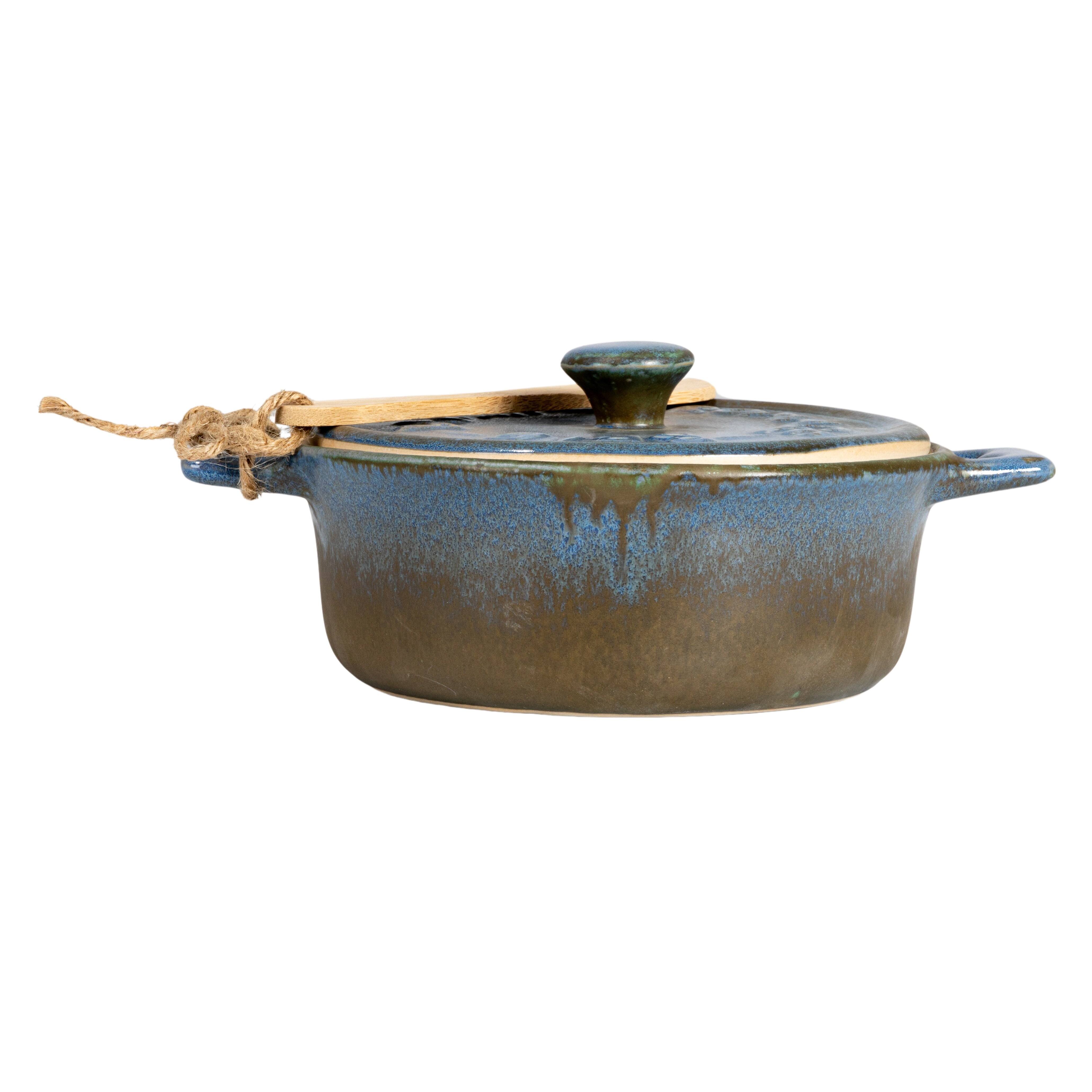 Hello Honey&#xAE; Blue Stoneware Brie Bakers with Bamboo Spreader, 2ct.