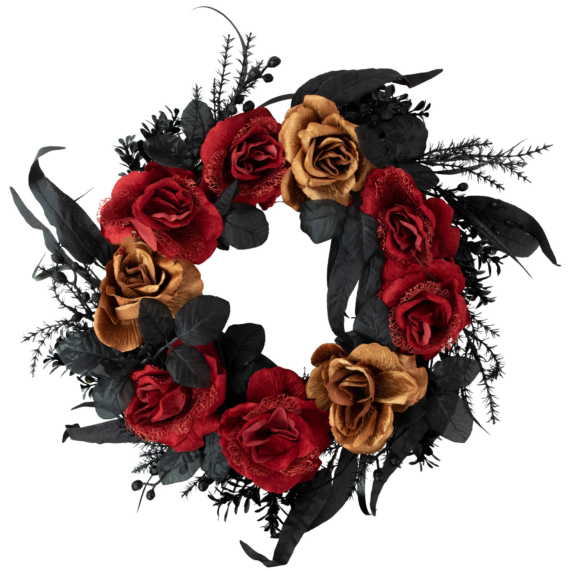 22&#x22; Red &#x26; Gold Roses with Black Foliage Halloween Wreath