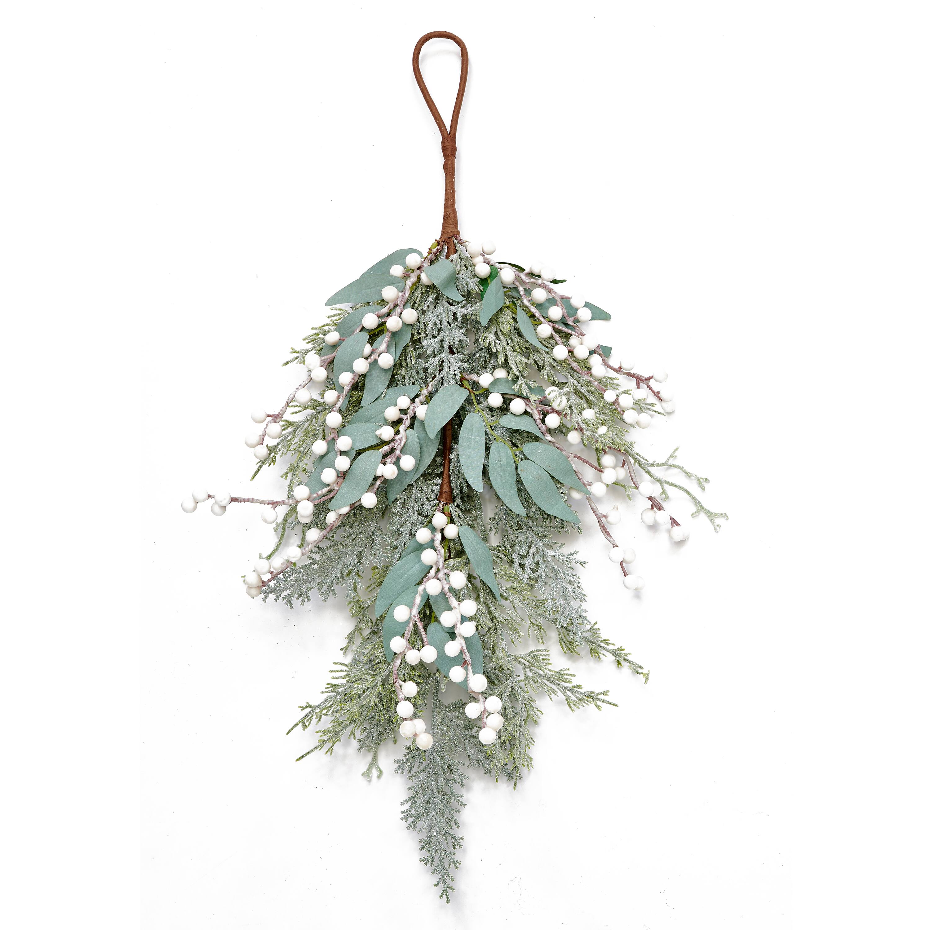 24" Green Artificial Christmas White Berry & Leaf Teardrop Swag