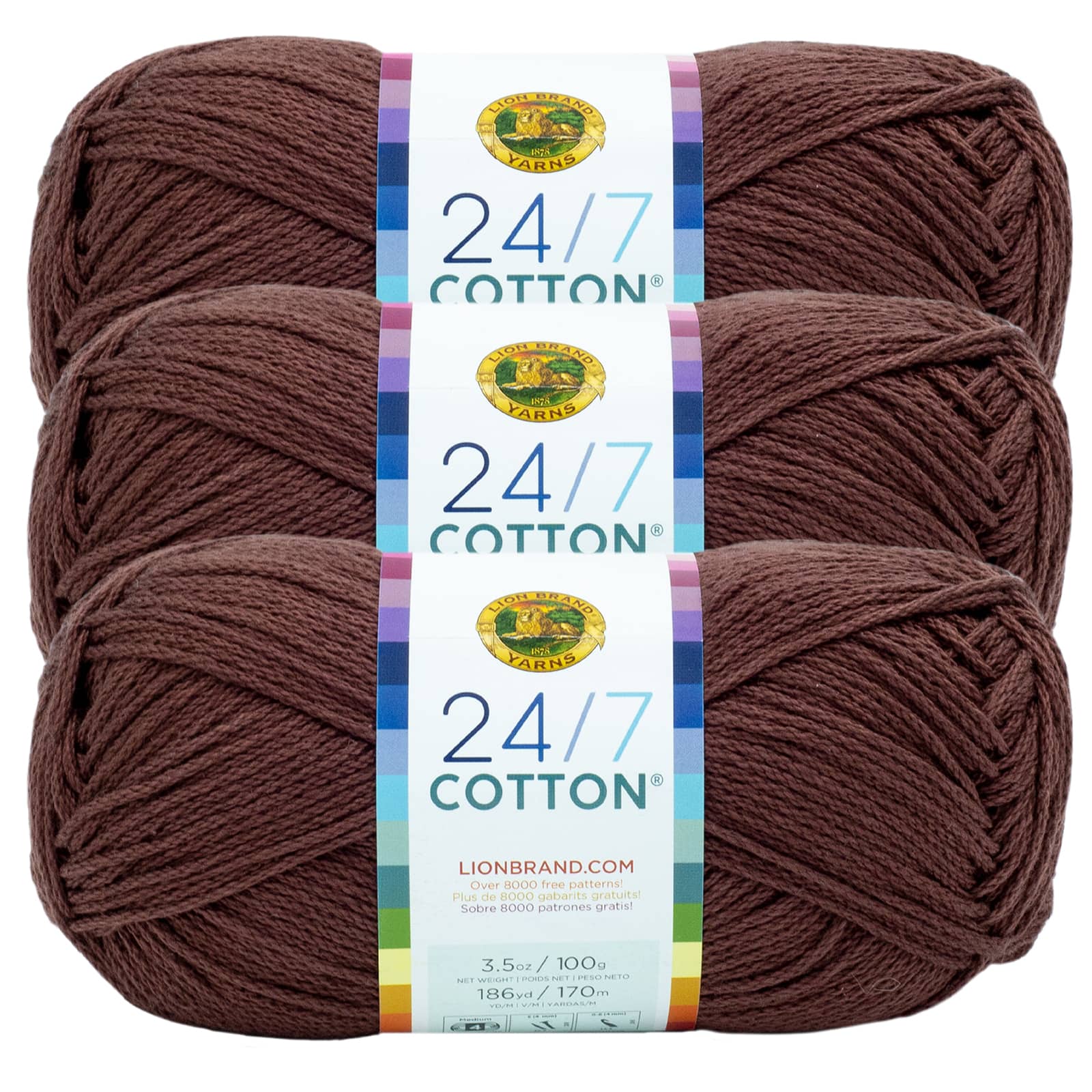3 Pack) Lion Brand Yarn 769-300AB 24/7 Cotton DK Sparkle Yarn, Truffle