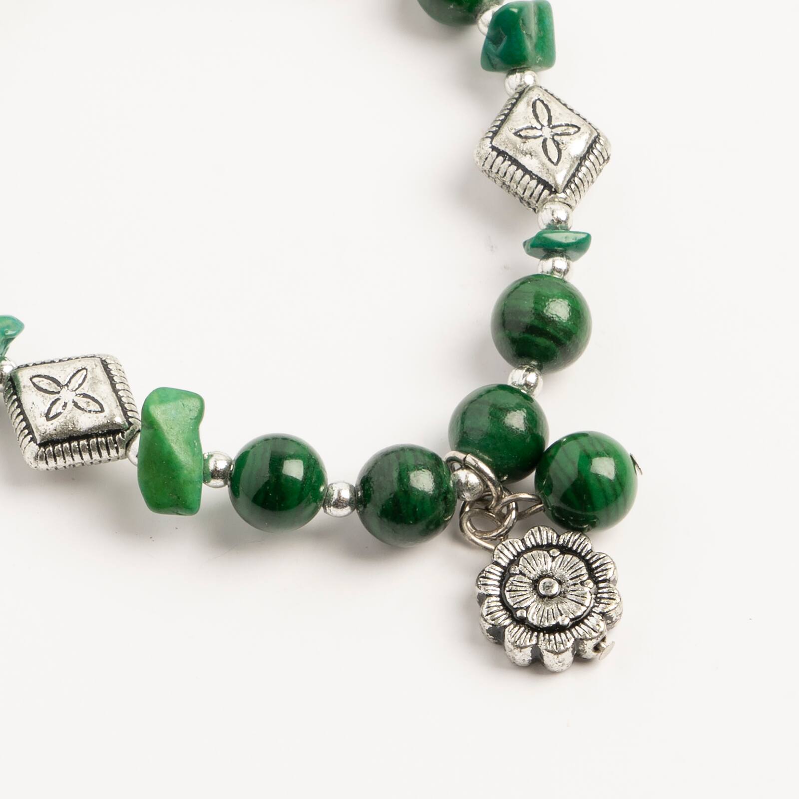 John Bead Imitation Malachite Natural Stone Stretch Bracelet with Flower Charm