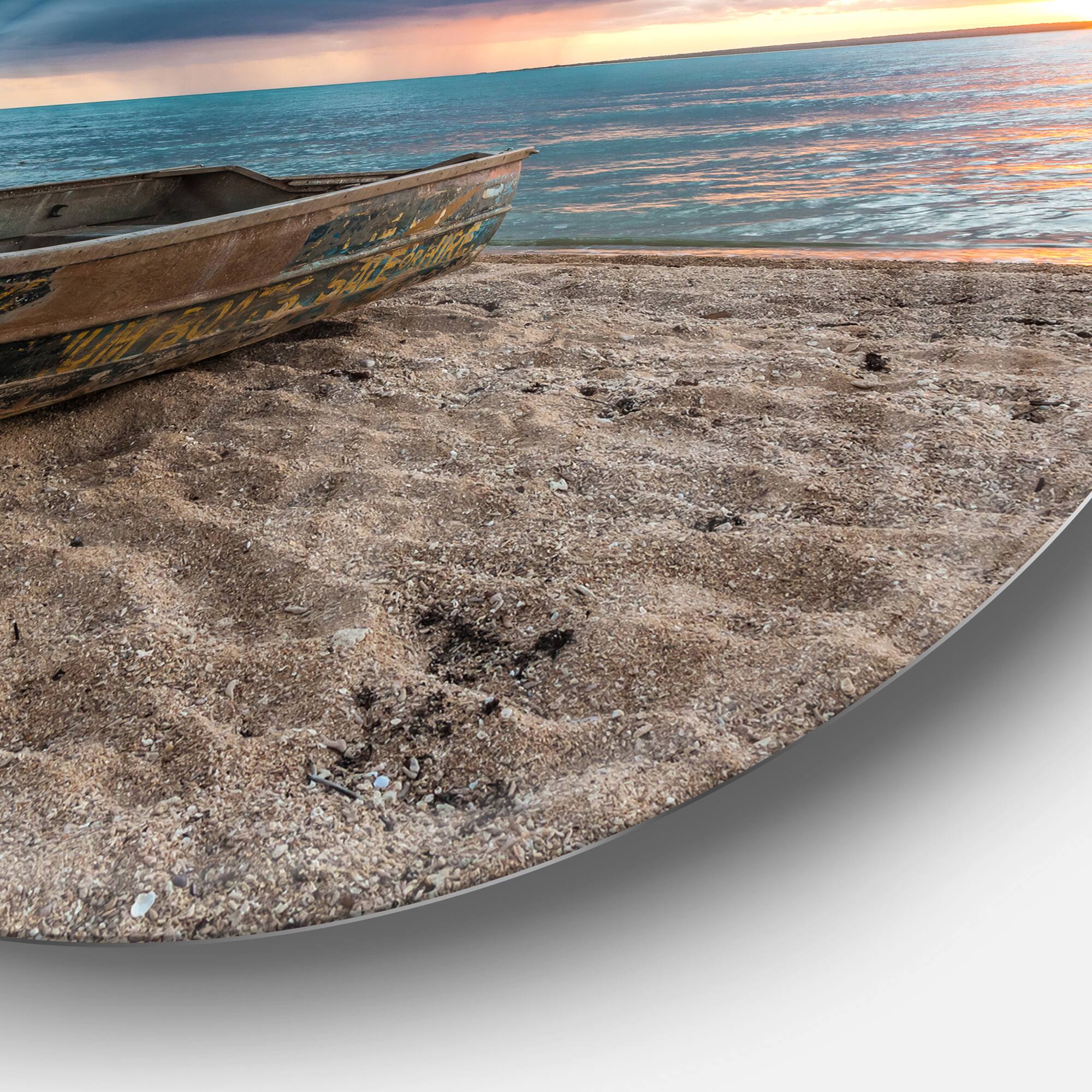 Designart - Rusty Row Boat on Sand at Sunset' Extra Large Seascape Metal Wall Decor