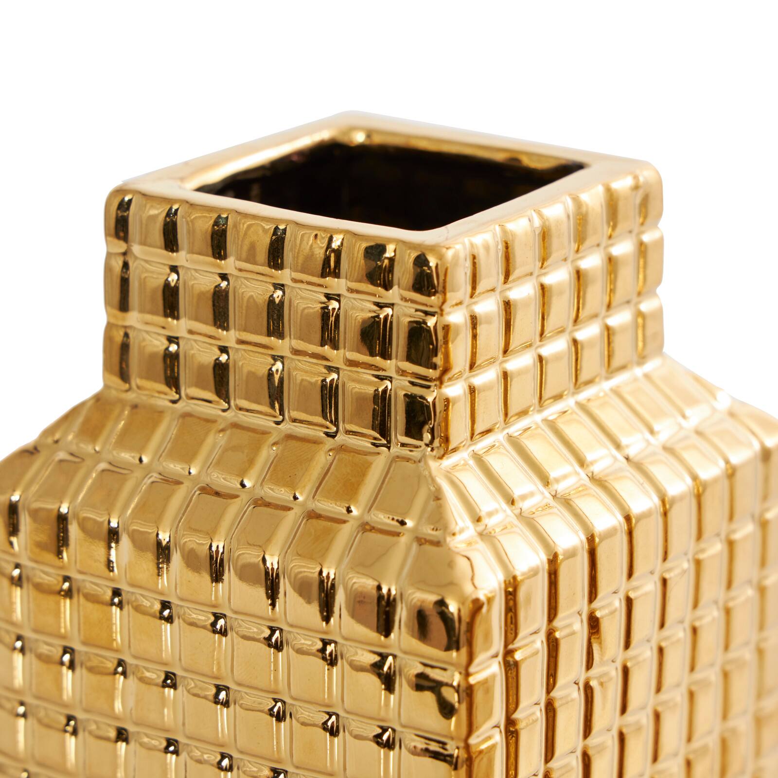 8" Gold Ceramic Geometric Dimensional Textured Vase Set with Grid Patterns