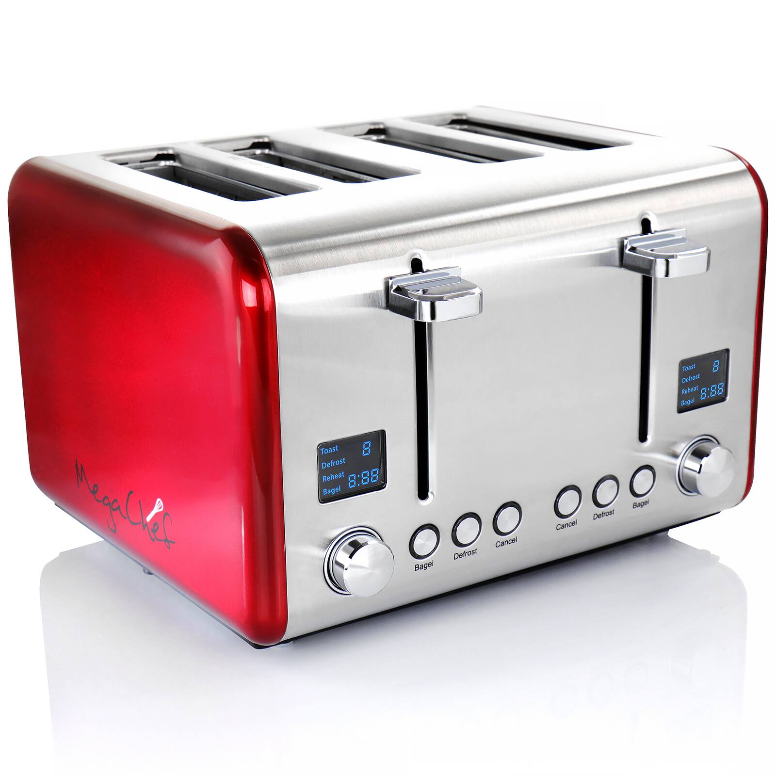 MegaChef Red 4 Slice Toaster in Stainless Steel