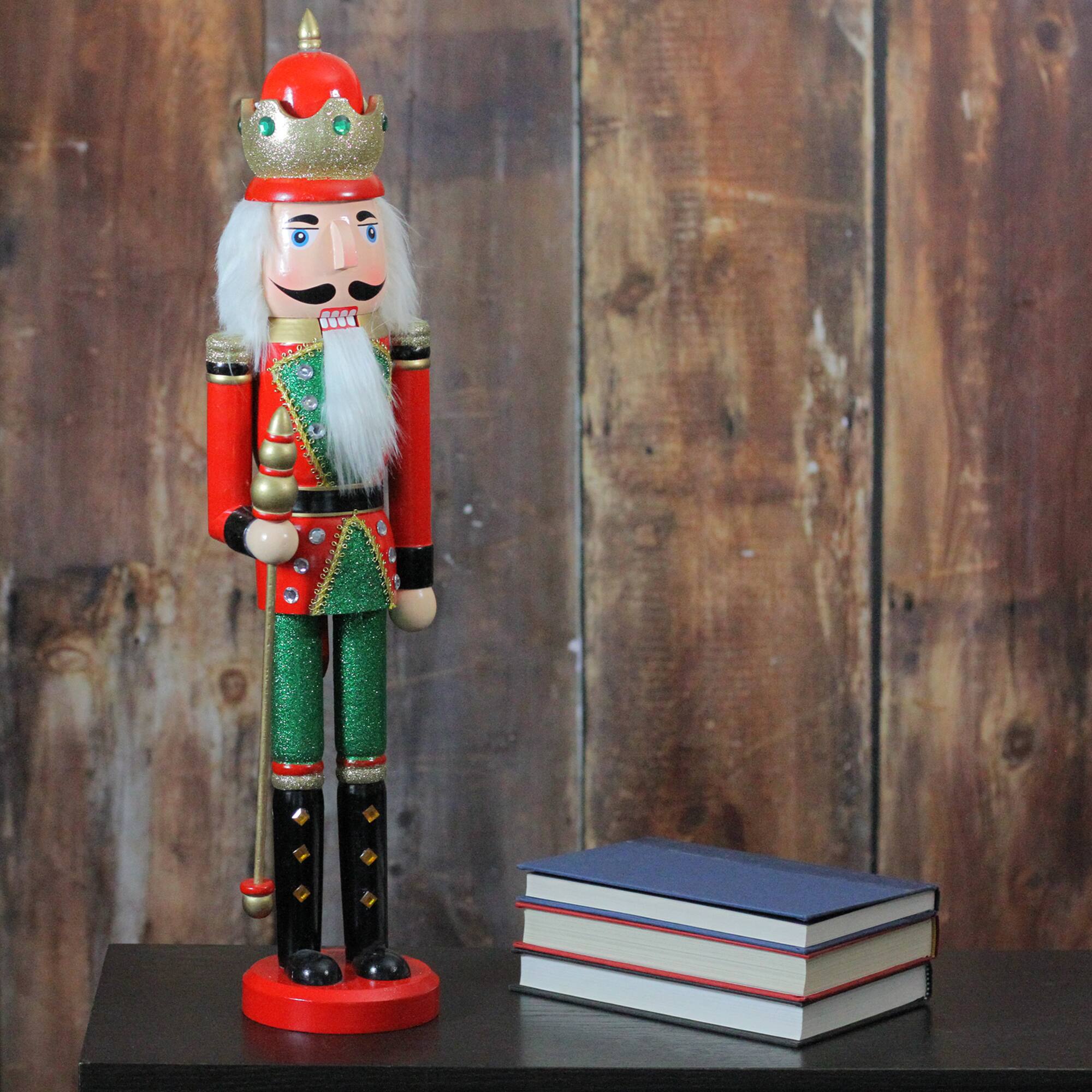 24&#x22; Red and Green Wooden Christmas Nutcracker King with Scepter