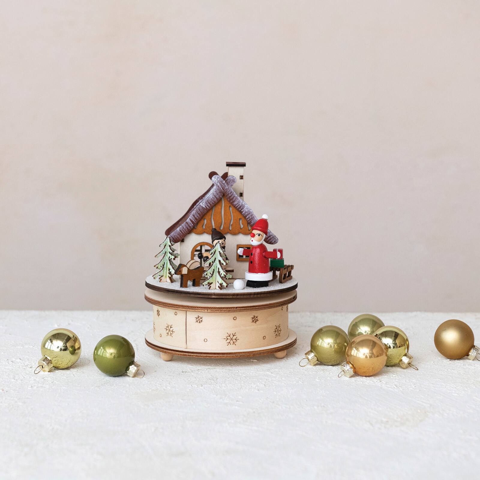 Hello Honey® 6.5" Wind-Up Santa's Cottage Round Wood Music Box