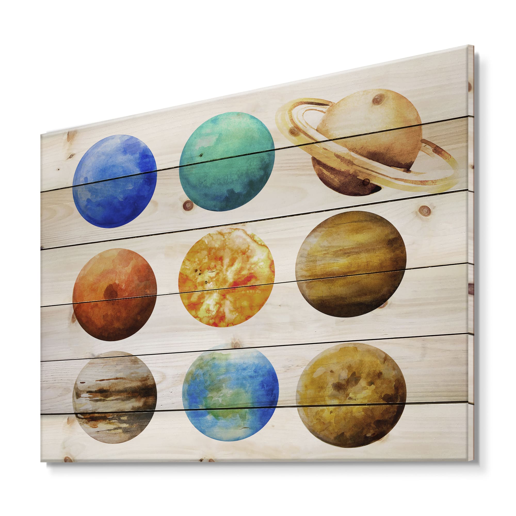 Designart - Various Planets In Orbit - Modern Print on Natural Pine Wood