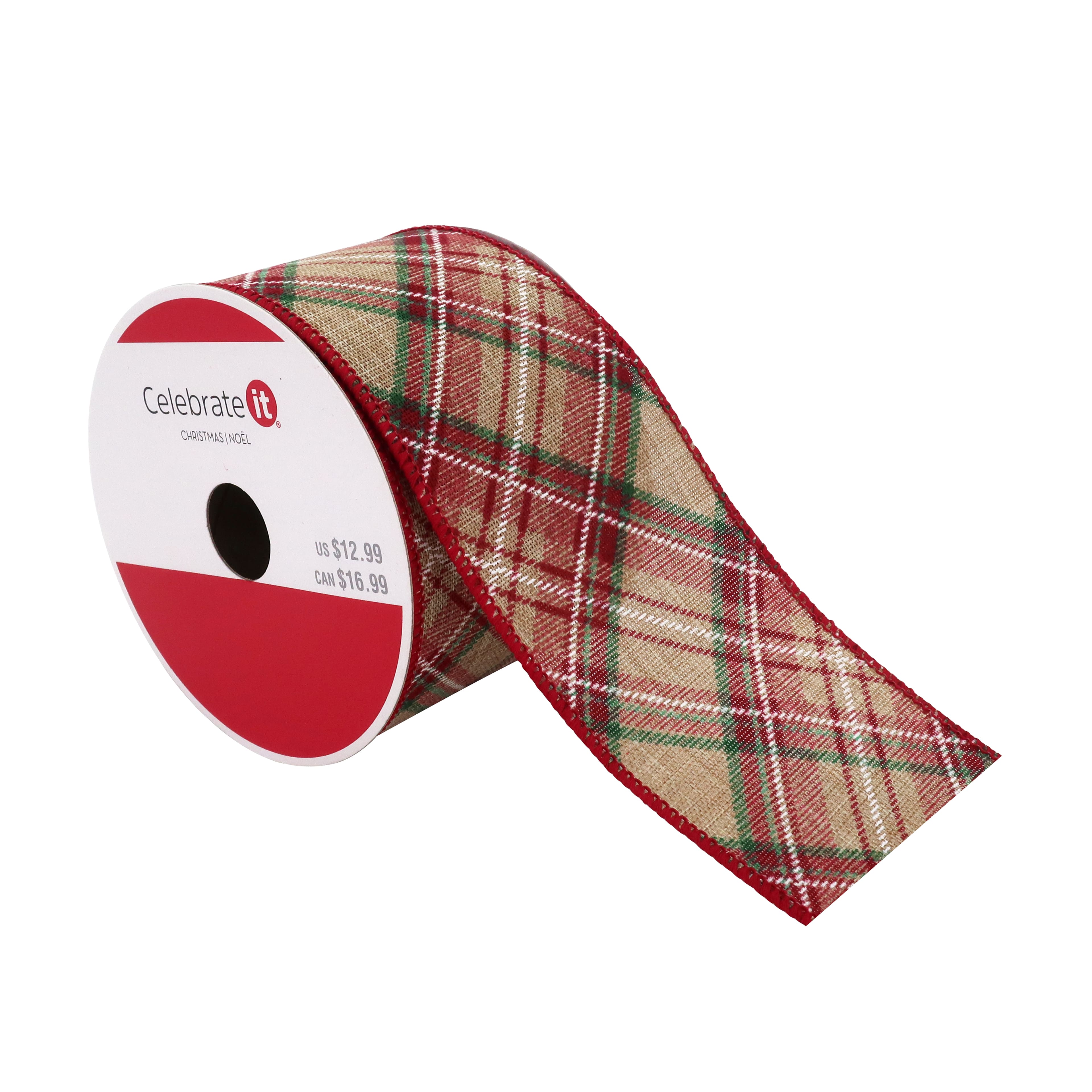 2.5&#x22; x 20ft. Red &#x26; Natural Wired Plaid Faux Linen Ribbon by Celebrate It&#xAE; Christmas