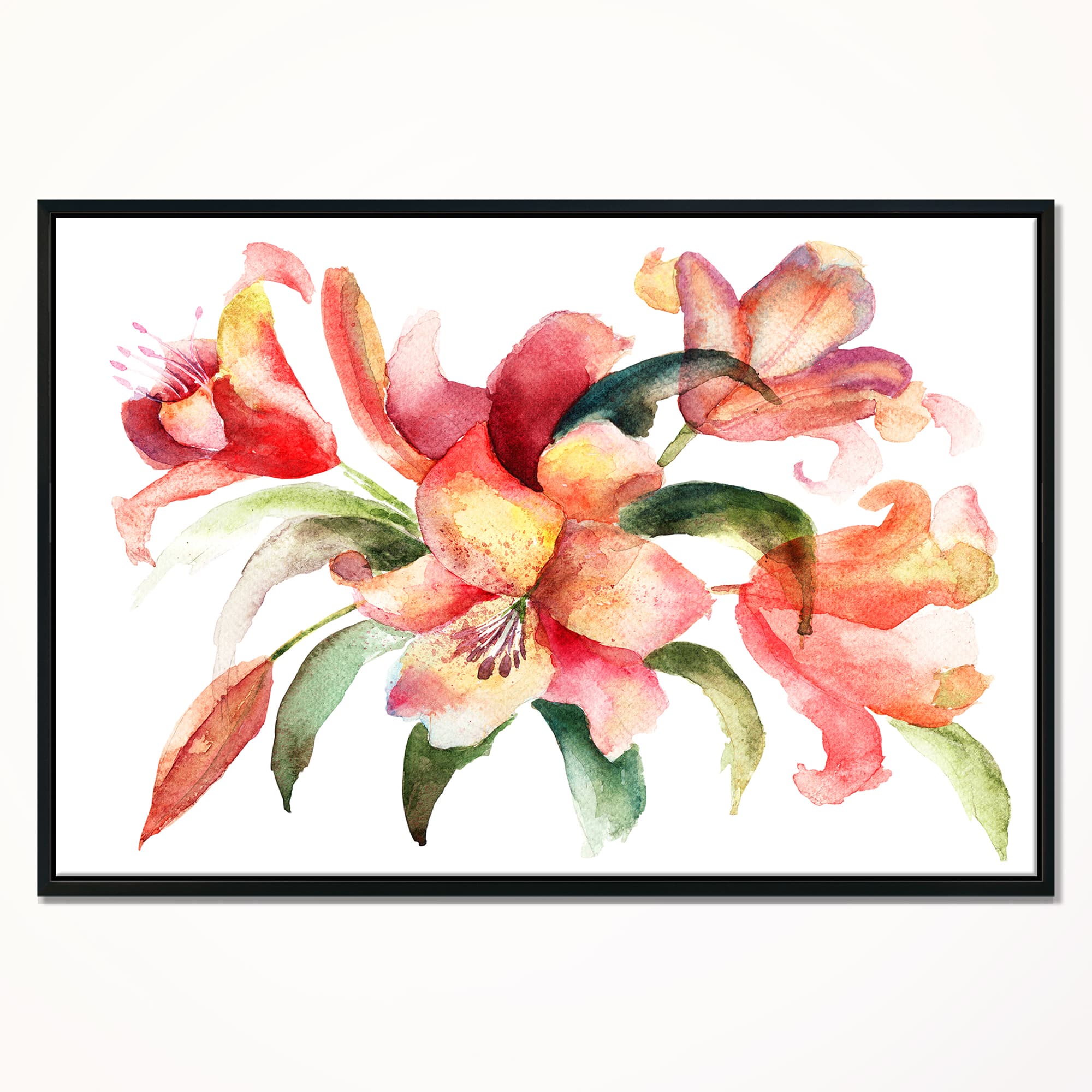 Designart - Lily Flowers Watercolor Illustration - Floral Art Canvas Print in Black Frame
