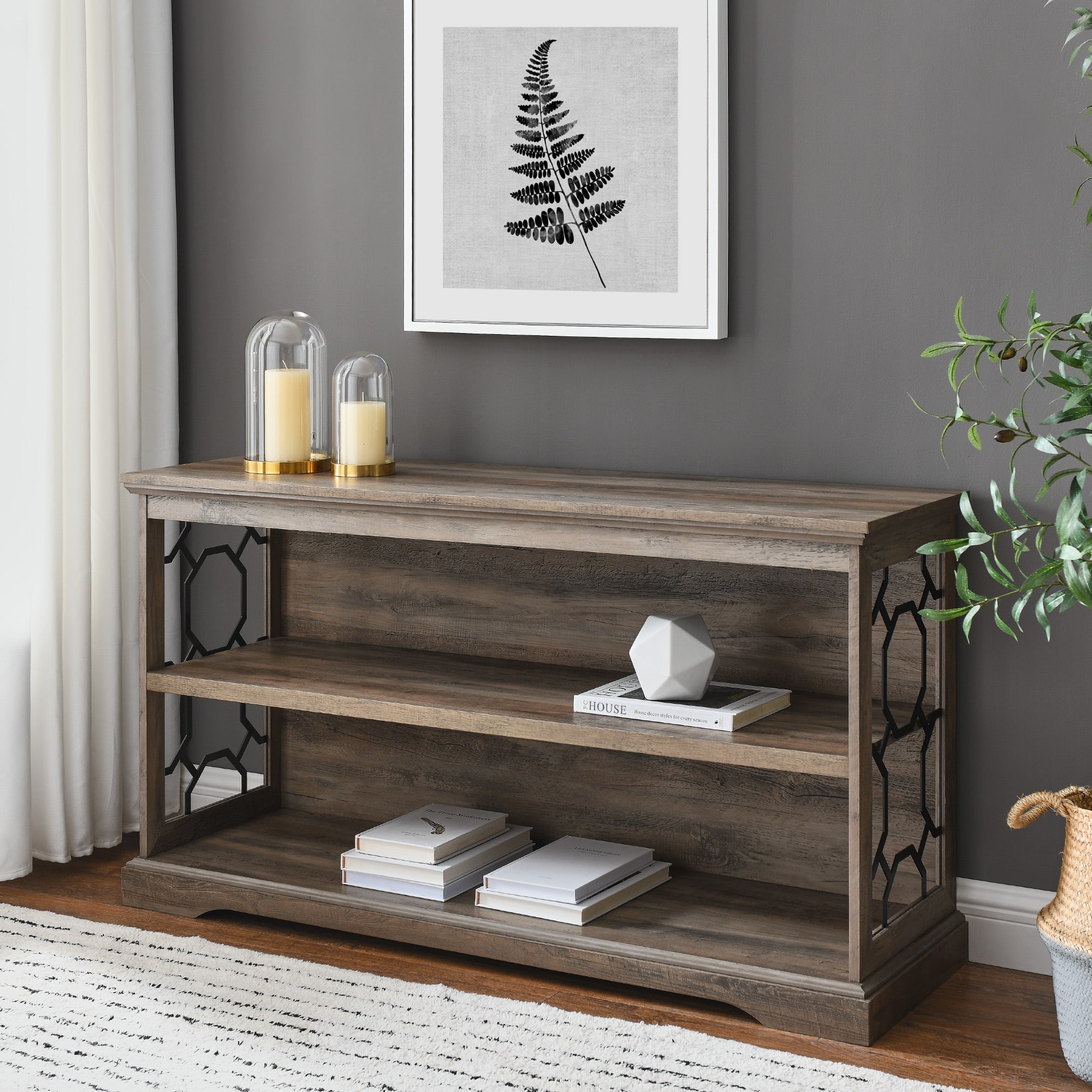 Walker Edison Gray Wash Lateral Bookshelf with Decorative Metal Sides