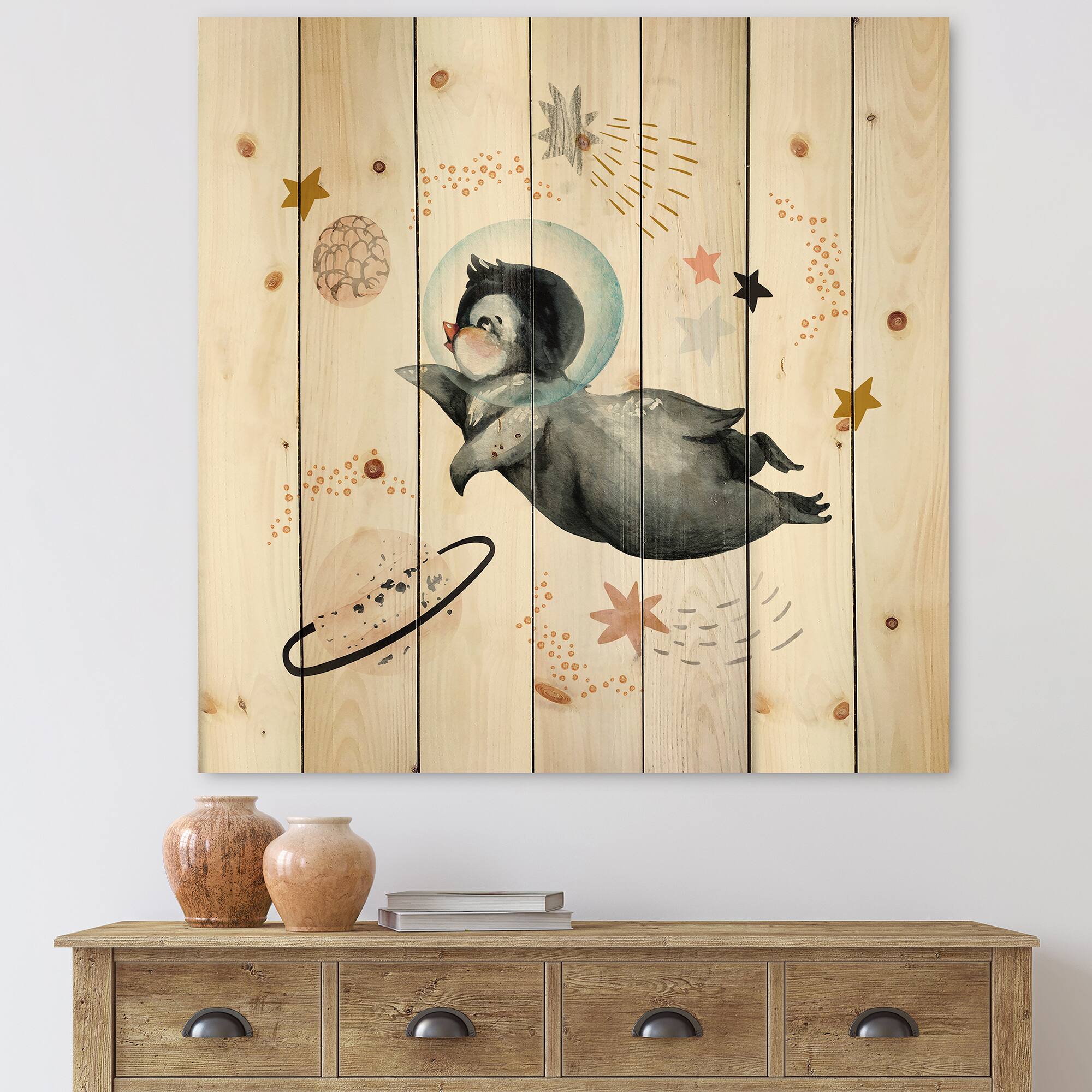 Designart - Little Penguin Flying Stars and Planets II - Farmhouse Print on Natural Pine Wood