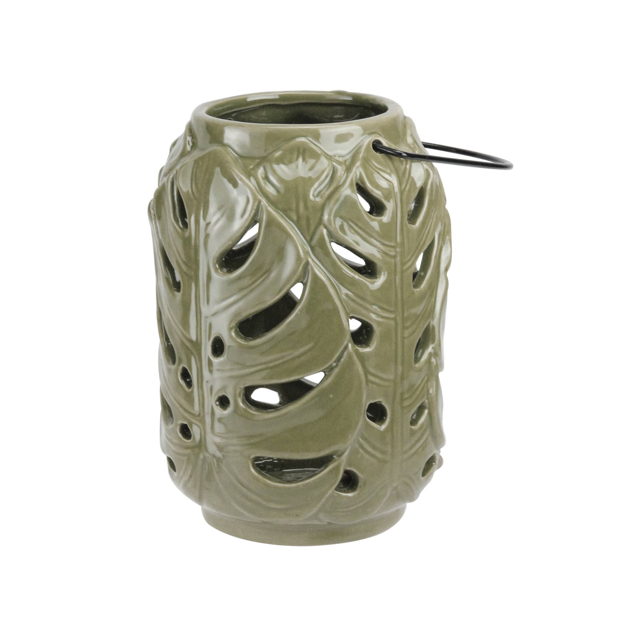 7" Elegant Moss Green Cutout Leaf Ceramic Candle Holder Lantern