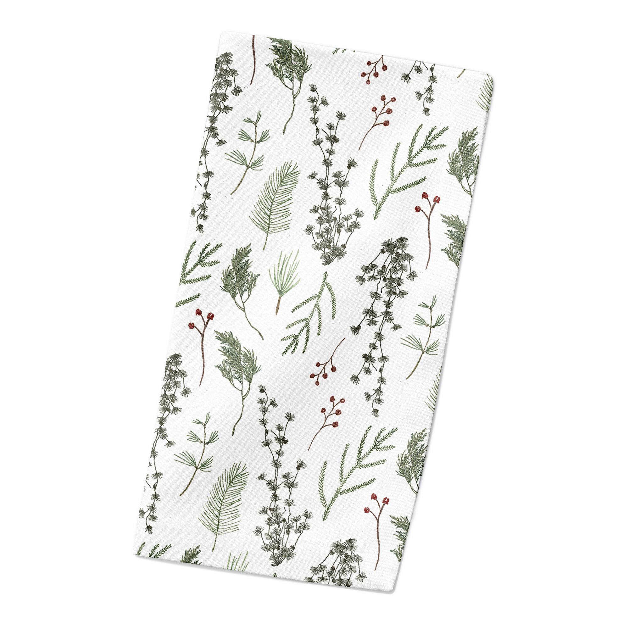 Pine Greenery on White Cotton Twill Napkin