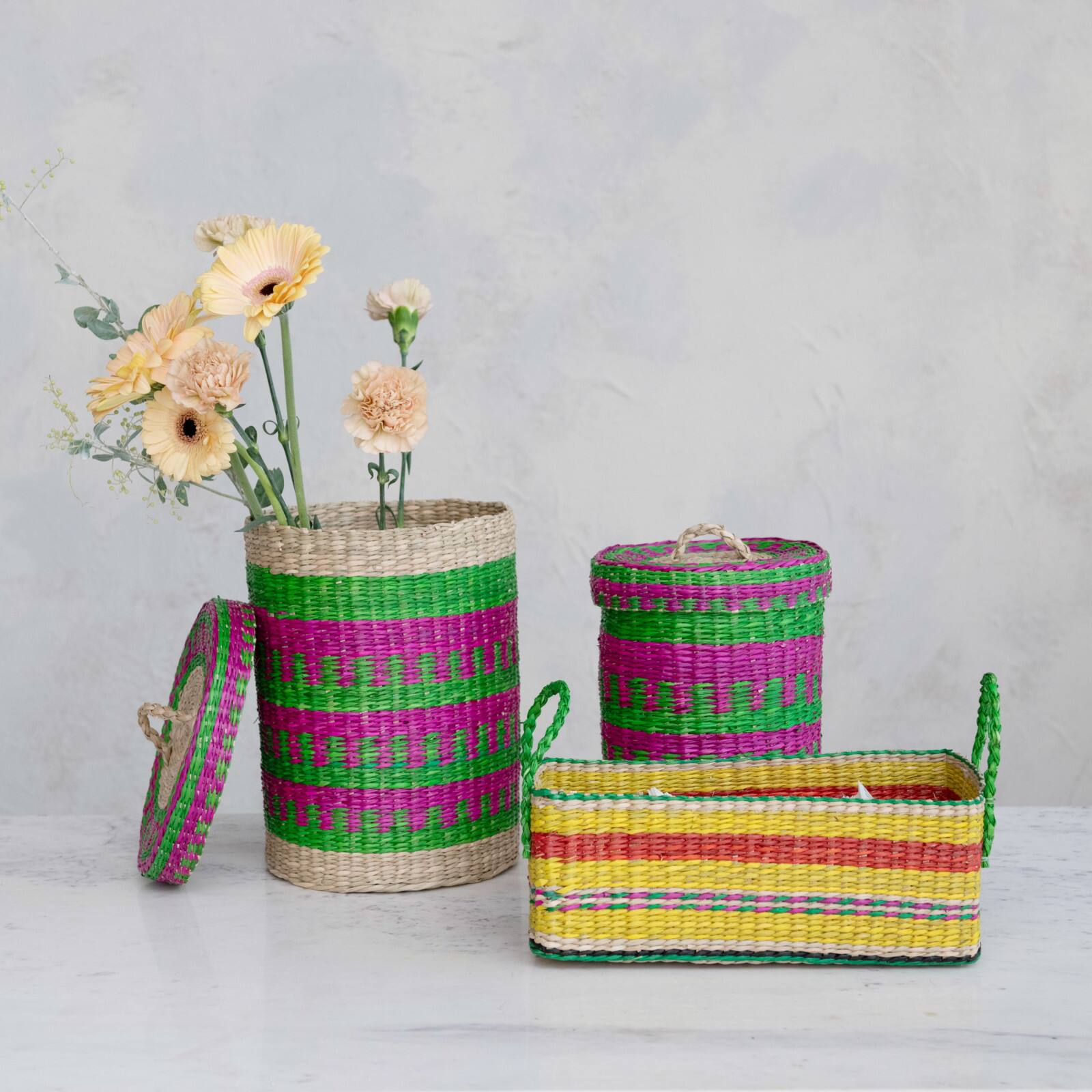 Hello Honey® 13.5" Multicolor Striped Hand-Woven Seagrass Basket