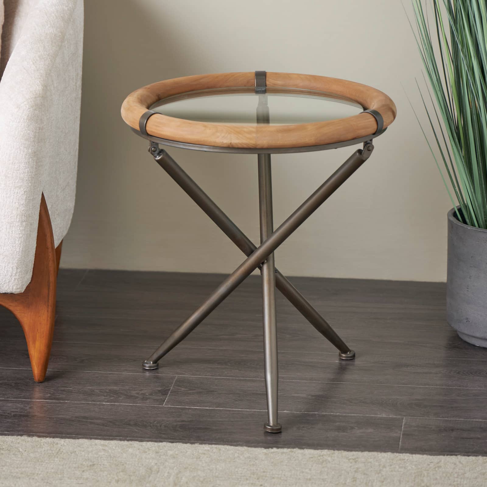 22.25" Brass Metal Round Accent Table with Wooden Framed Glass Tabletop