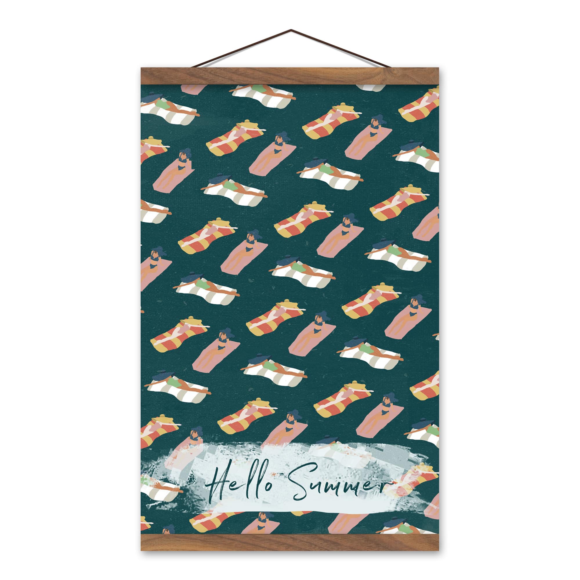 Hello Summer Navy Sun Bathers Teak Hanging Canvas