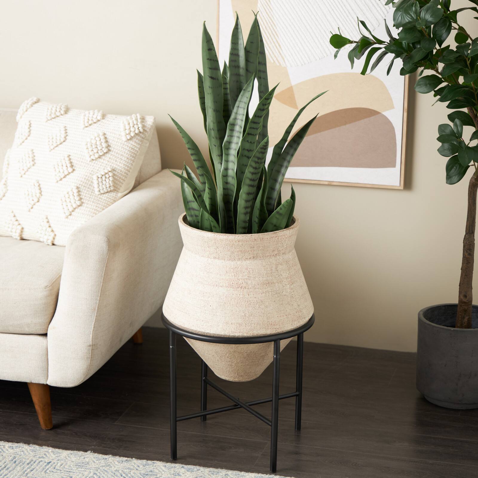 24.5&#x22; Beige Metal Wide Vase with Black Metal Stand