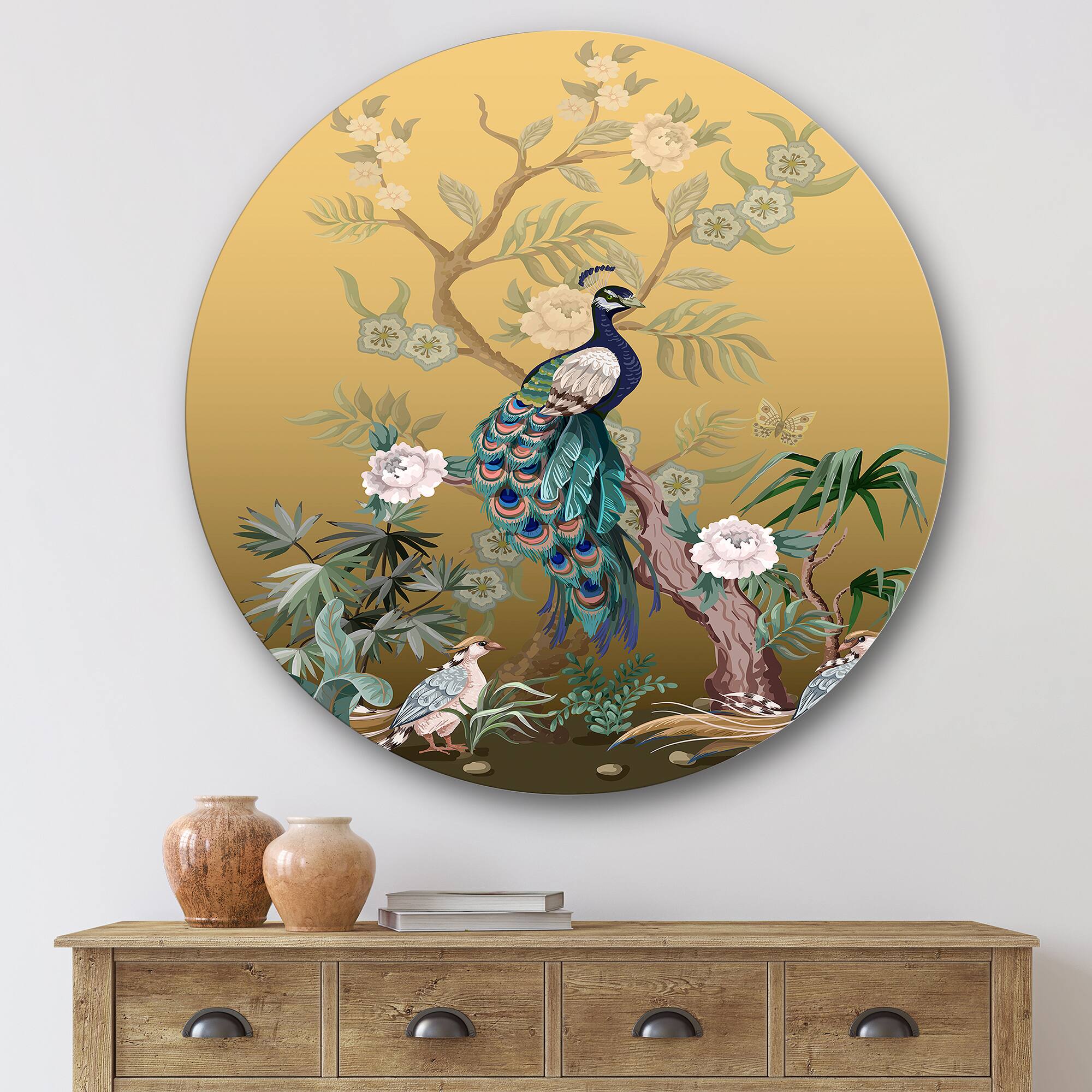 Designart - Chinoiserie With Birds and Peonies VI - Traditional Metal Circle Wall Art