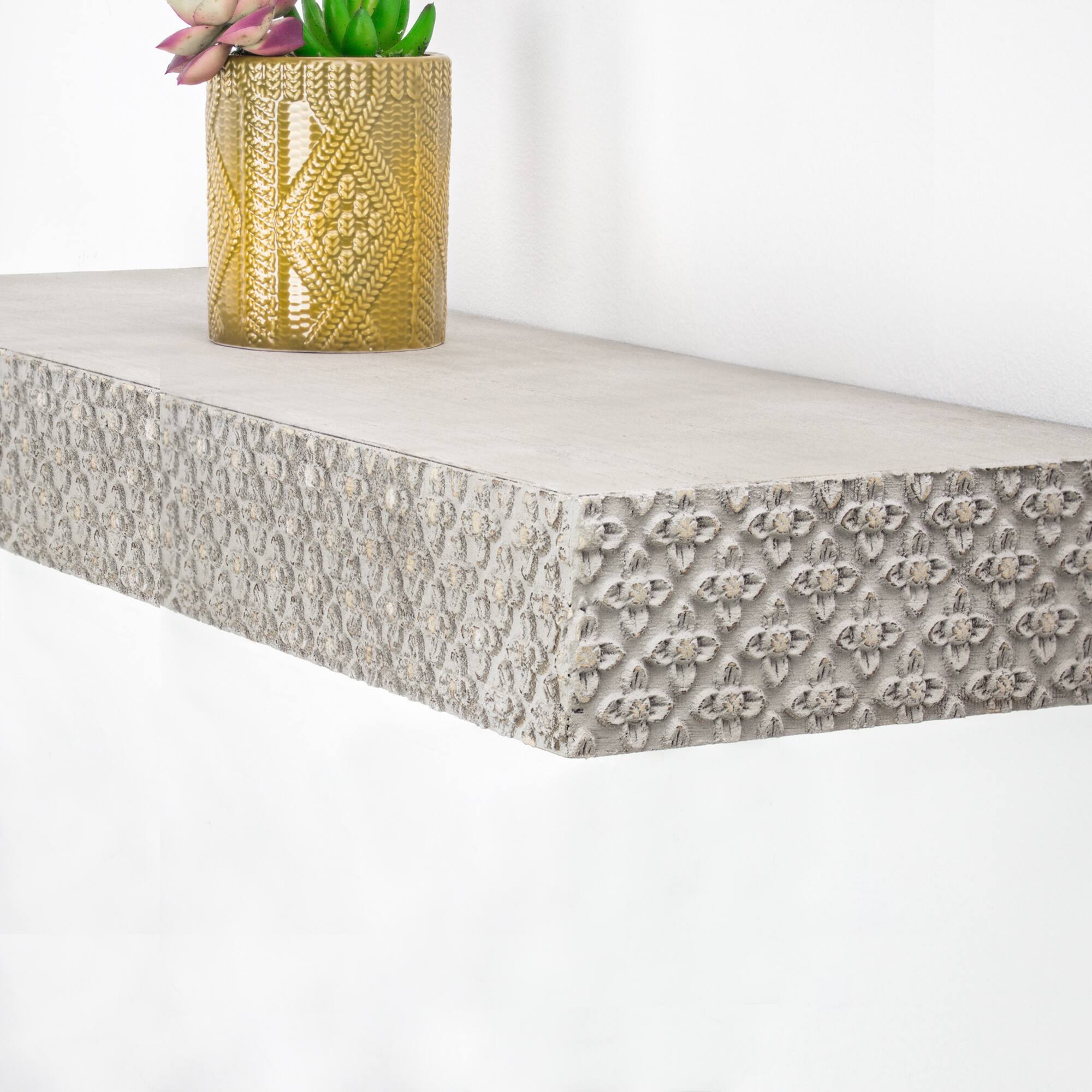36&#x22; Greywashed Rustic Embossed Wood Floating Wall Shelf