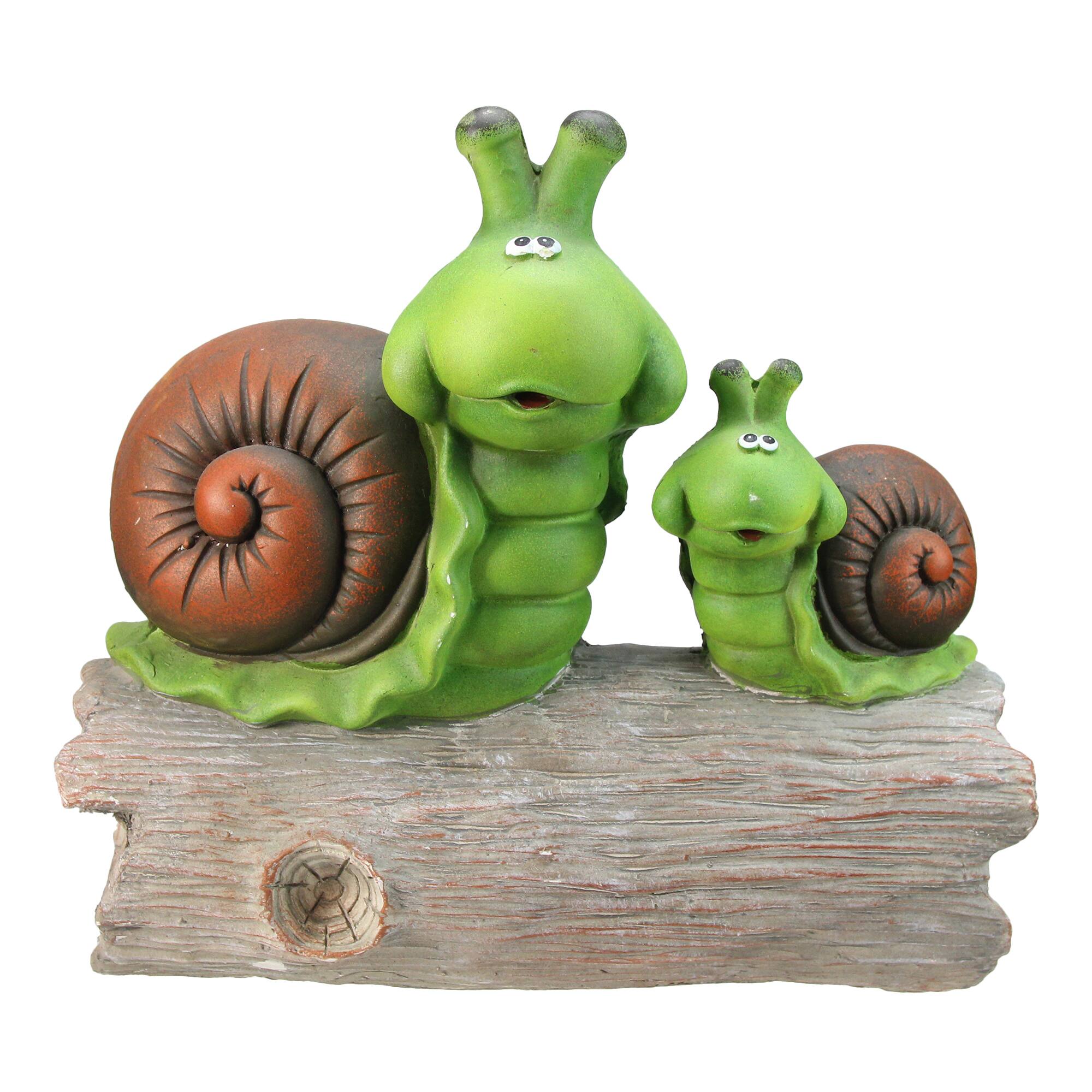 14.5" Green & Brown Mom with Baby Snail on a Tree Stump Garden Statue