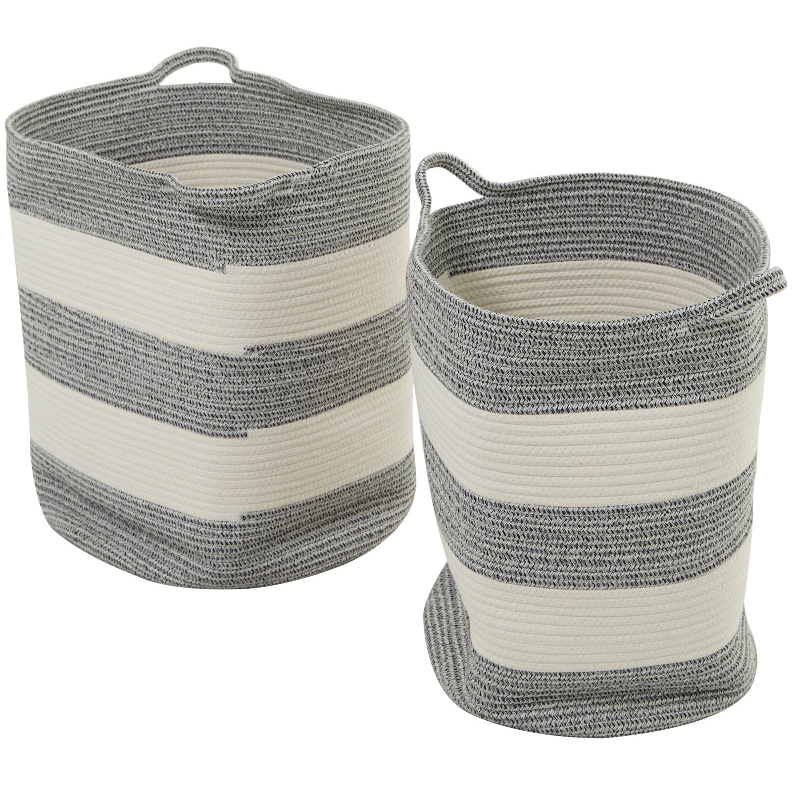 Gray Cotton Handmade Striped Storage Basket with Handles Set of 2 19", 19"