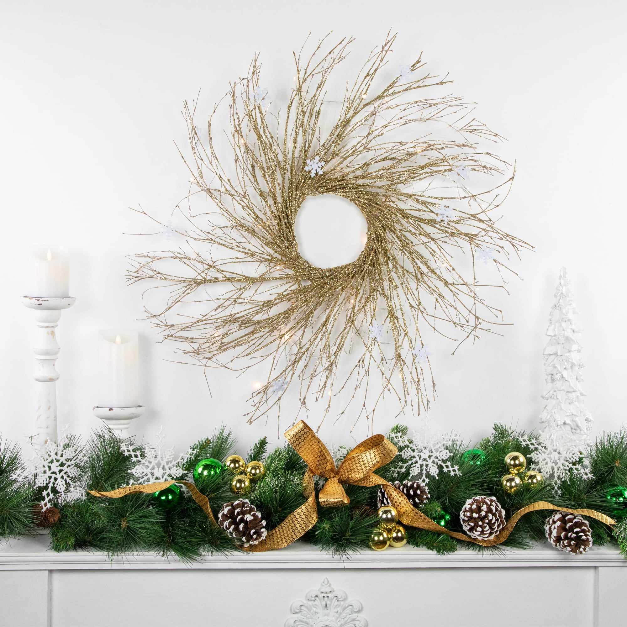 36&#x22; Pre-Lit Gold Glittered Twig Wreath with Warm White Lights