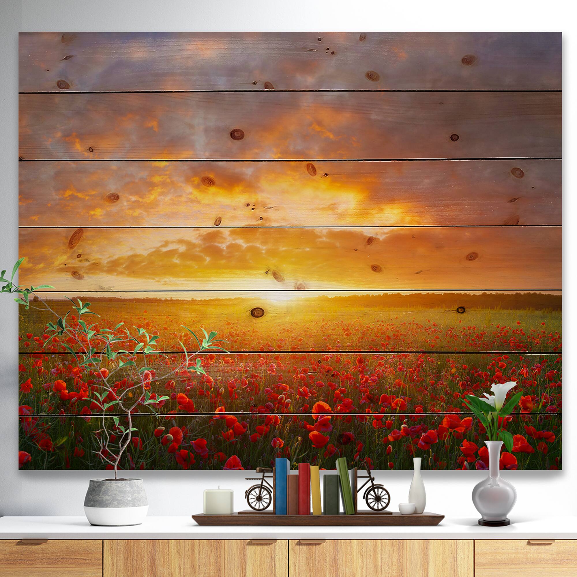 Designart - Poppy Field under Bright Sunset - Landscape Print on Natural Pine Wood