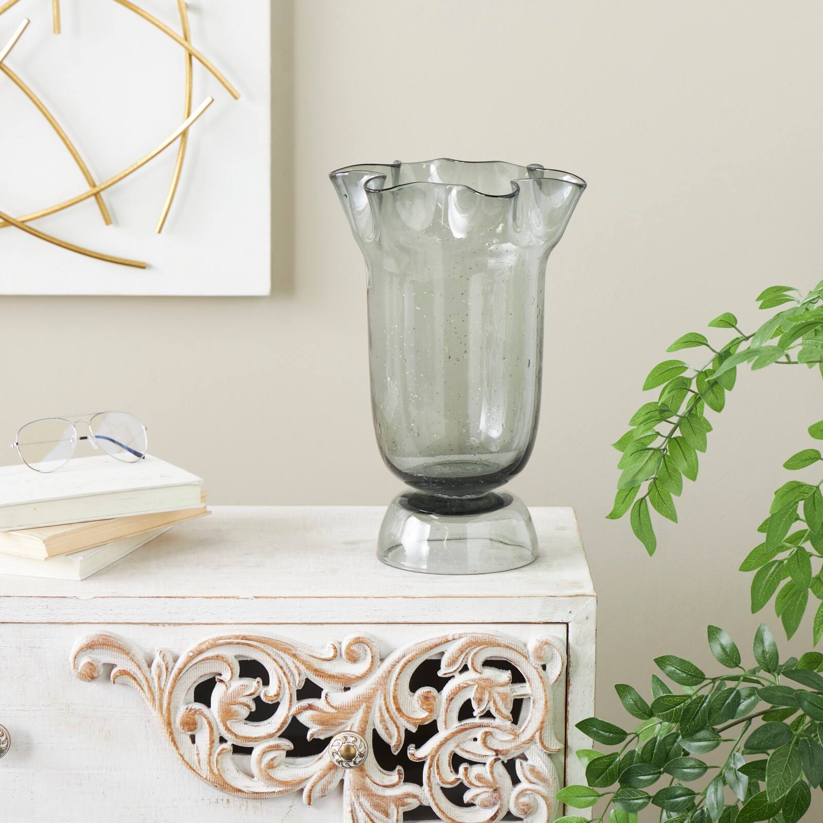 Black Glass Vase Set with Wavy Opening & Gold Speckles