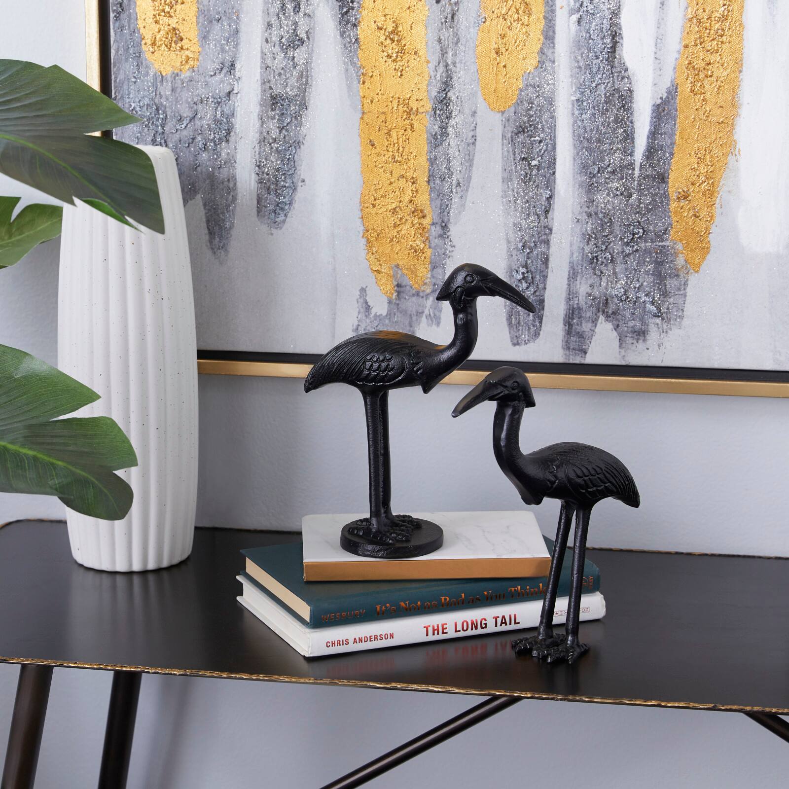 Set of 2 Black Aluminum Traditional Bird Sculpture, 7&#x22; x 9&#x22;