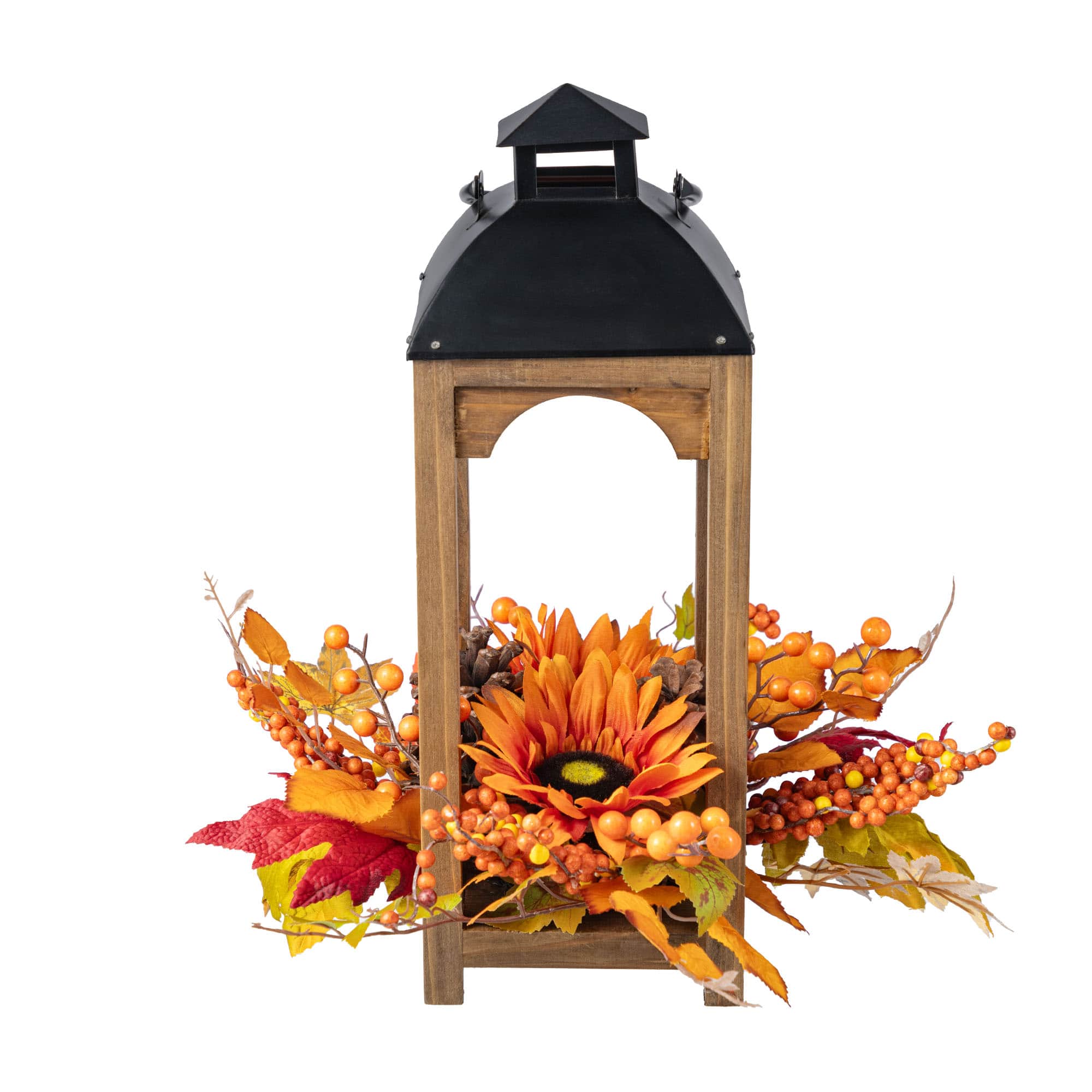 Glitzhome&#xAE; 20&#x22; Fall Sunflower, Pinecone and Berry Wood Lantern Centerpiece