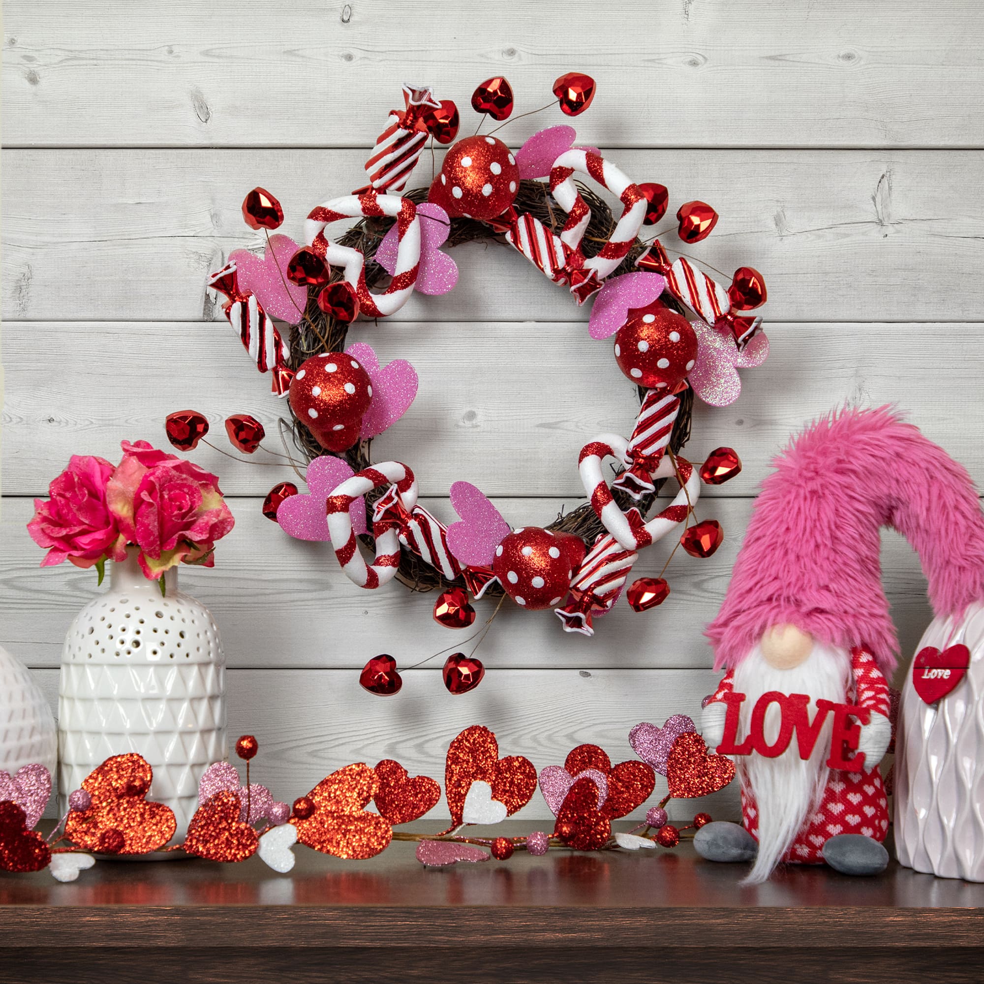 Red and White Candies and Hearts Valentine&#x27;s Day Wreath 16&#x22; Unlit